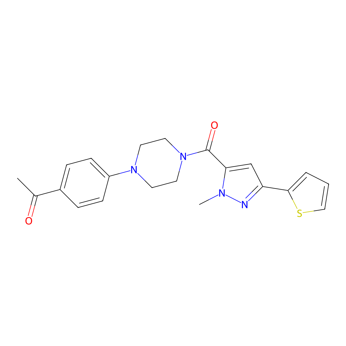 1-(4-(4-(1-methyl-3-(thiophen-2-yl)-1H-pyrazole-5-carbonyl)piperazin-1-yl)phenyl)ethanone molecular structure, CAS 1219906-08-7