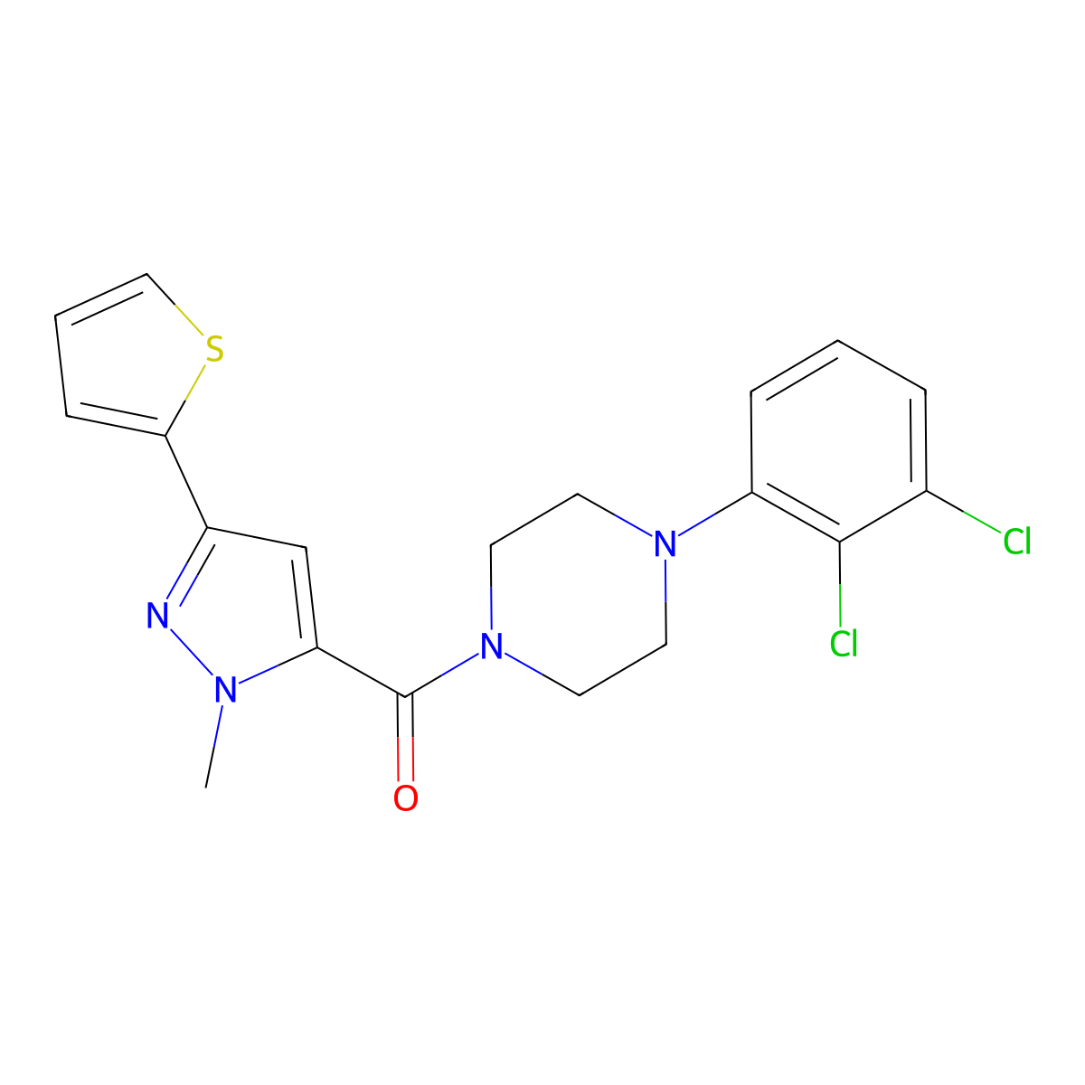 (4-(2,3-dichlorophenyl)piperazin-1-yl)(1-methyl-3-(thiophen-2-yl)-1H-pyrazol-5-yl)methanone molecular structure, CAS 1219906-11-2