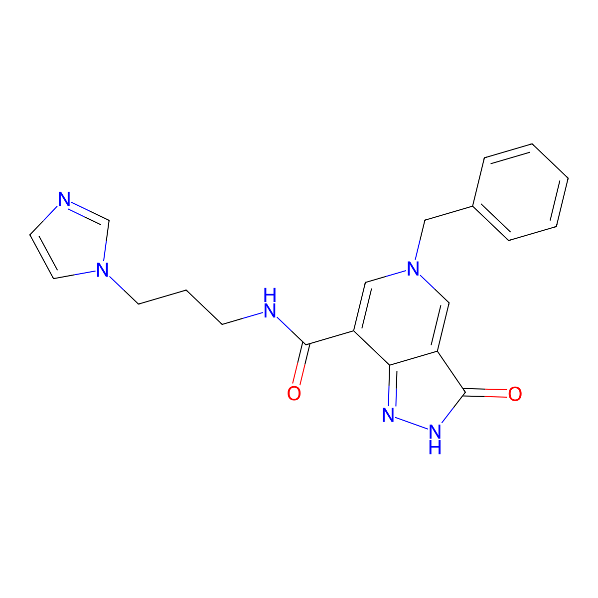 N-(3-(1H-imidazol-1-yl)propyl)-5-benzyl-3-oxo-3,5-dihydro-2H-pyrazolo[4,3-c]pyridine-7-carboxamide molecular structure, CAS 1219906-16-7