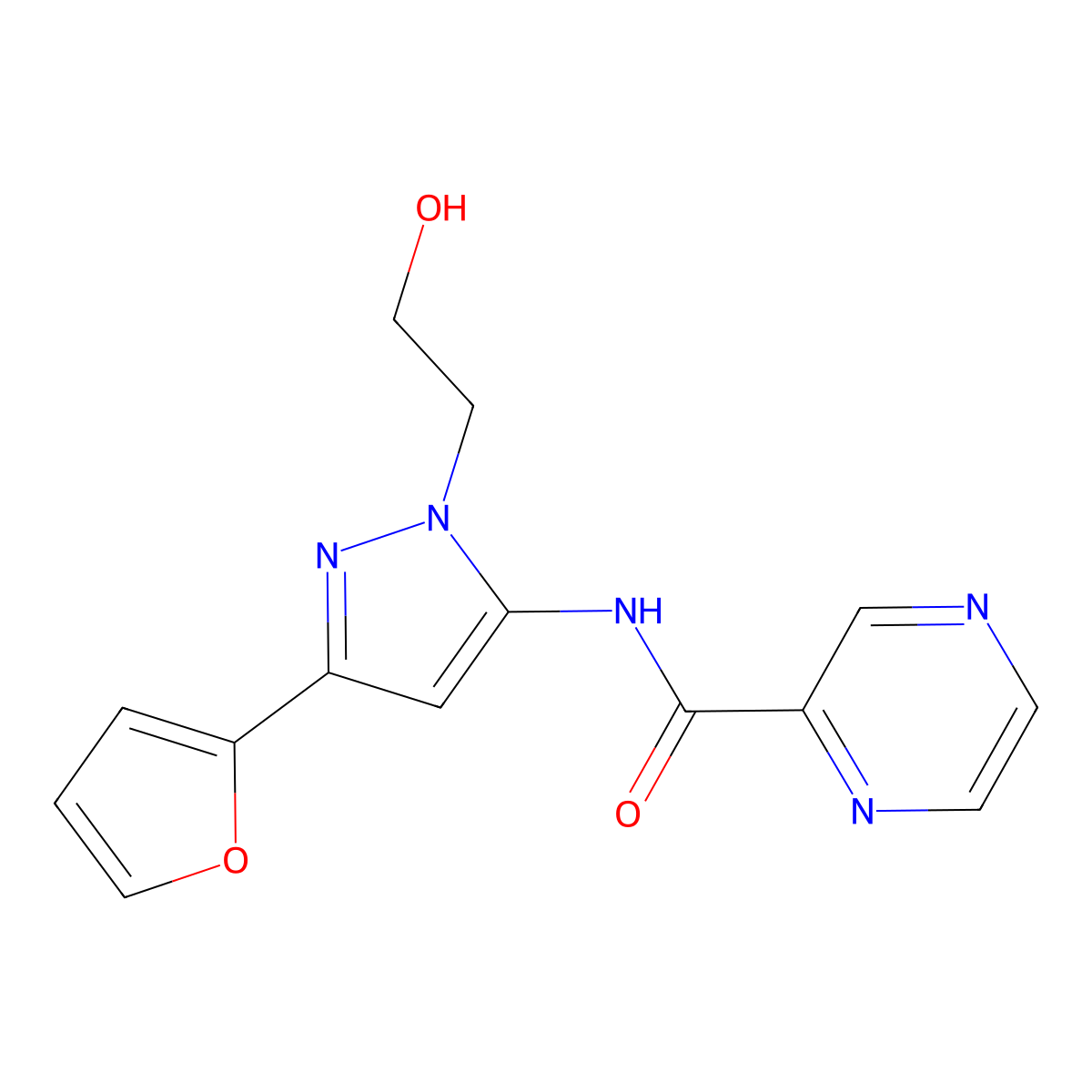 N-(3-(furan-2-yl)-1-(2-hydroxyethyl)-1H-pyrazol-5-yl)pyrazine-2-carboxamide molecular structure, CAS 1219906-21-4