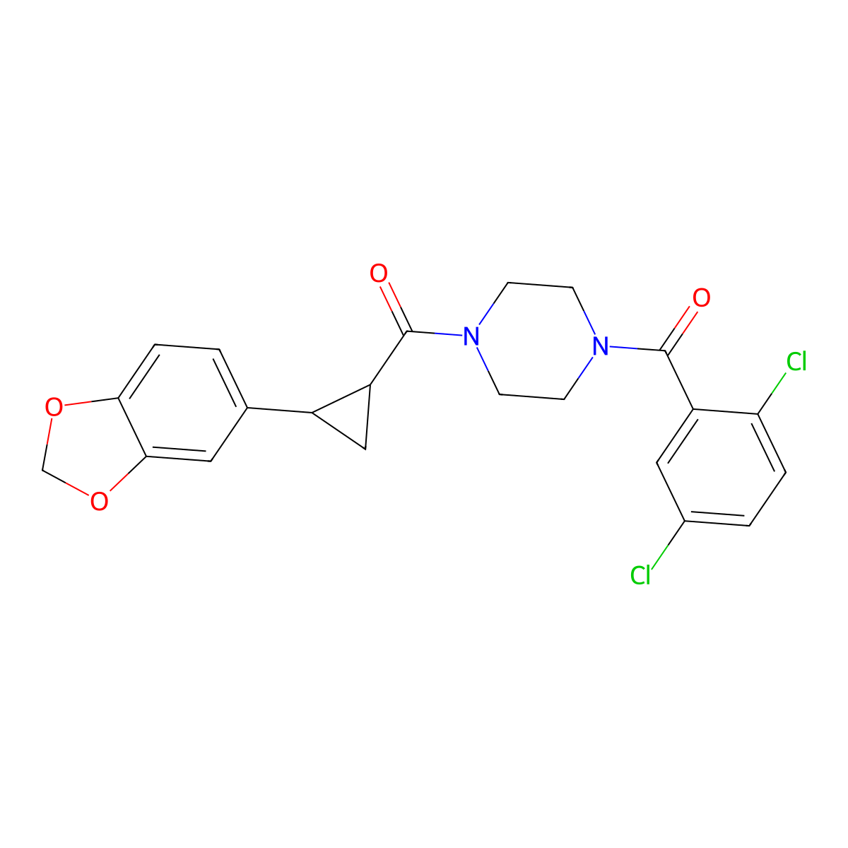 (4-(2-(Benzo[d][1,3]dioxol-5-yl)cyclopropanecarbonyl)piperazin-1-yl)(2,5-dichlorophenyl)methanone molecular structure, CAS 1219906-31-6