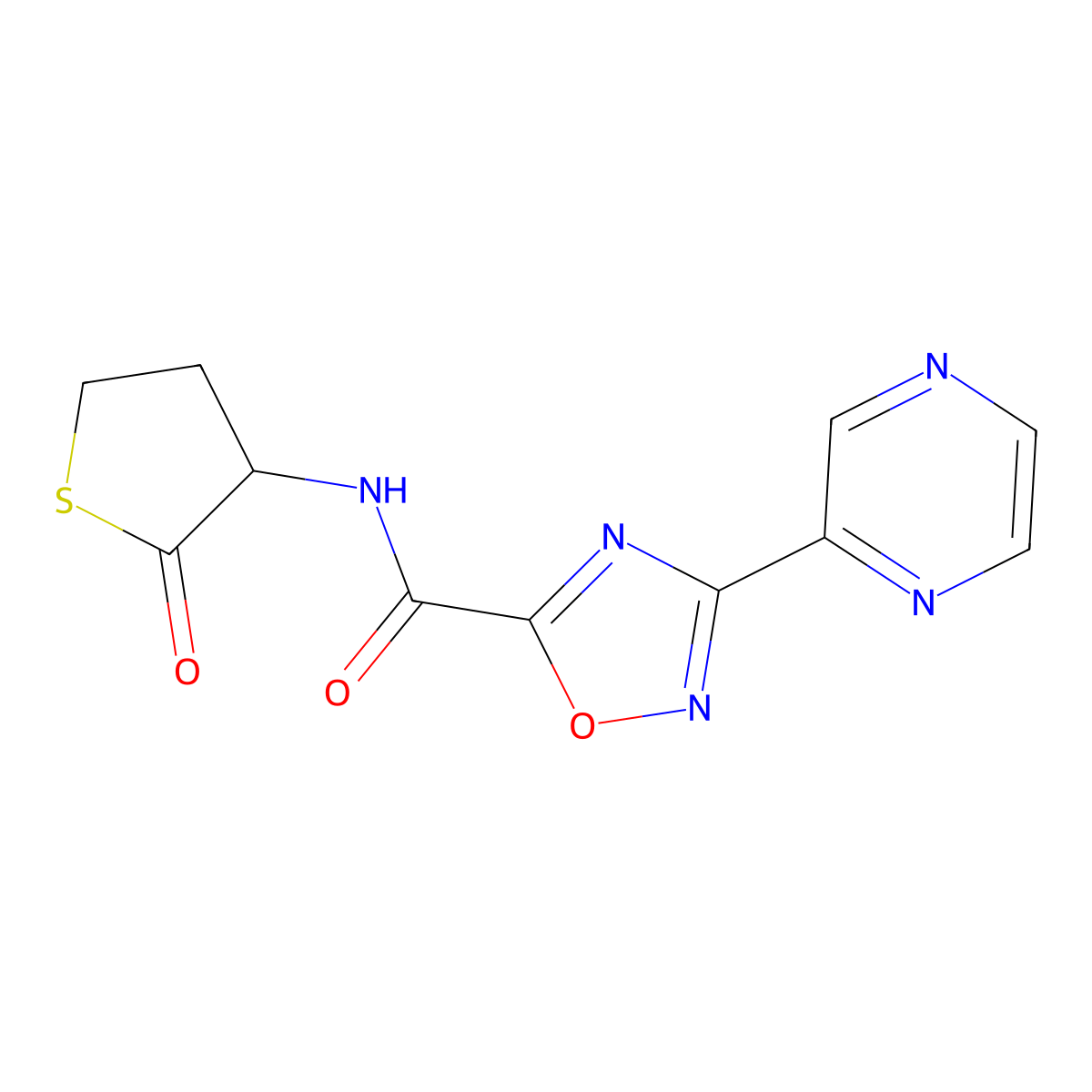 N-(2-oxotetrahydrothiophen-3-yl)-3-(pyrazin-2-yl)-1,2,4-oxadiazole-5-carboxamide molecular structure, CAS 1219906-32-7
