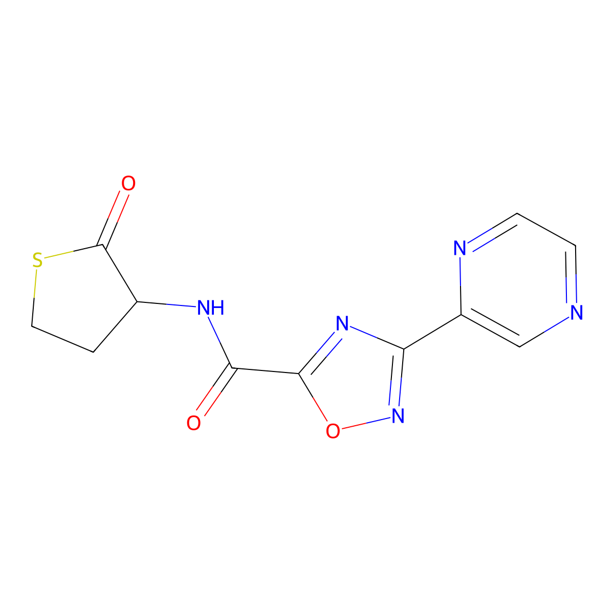 N-(2-oxotetrahydrothiophen-3-yl)-3-(pyrazin-2-yl)-1,2,4-oxadiazole-5-carboxamide molecular structure, CAS 1219906-32-7