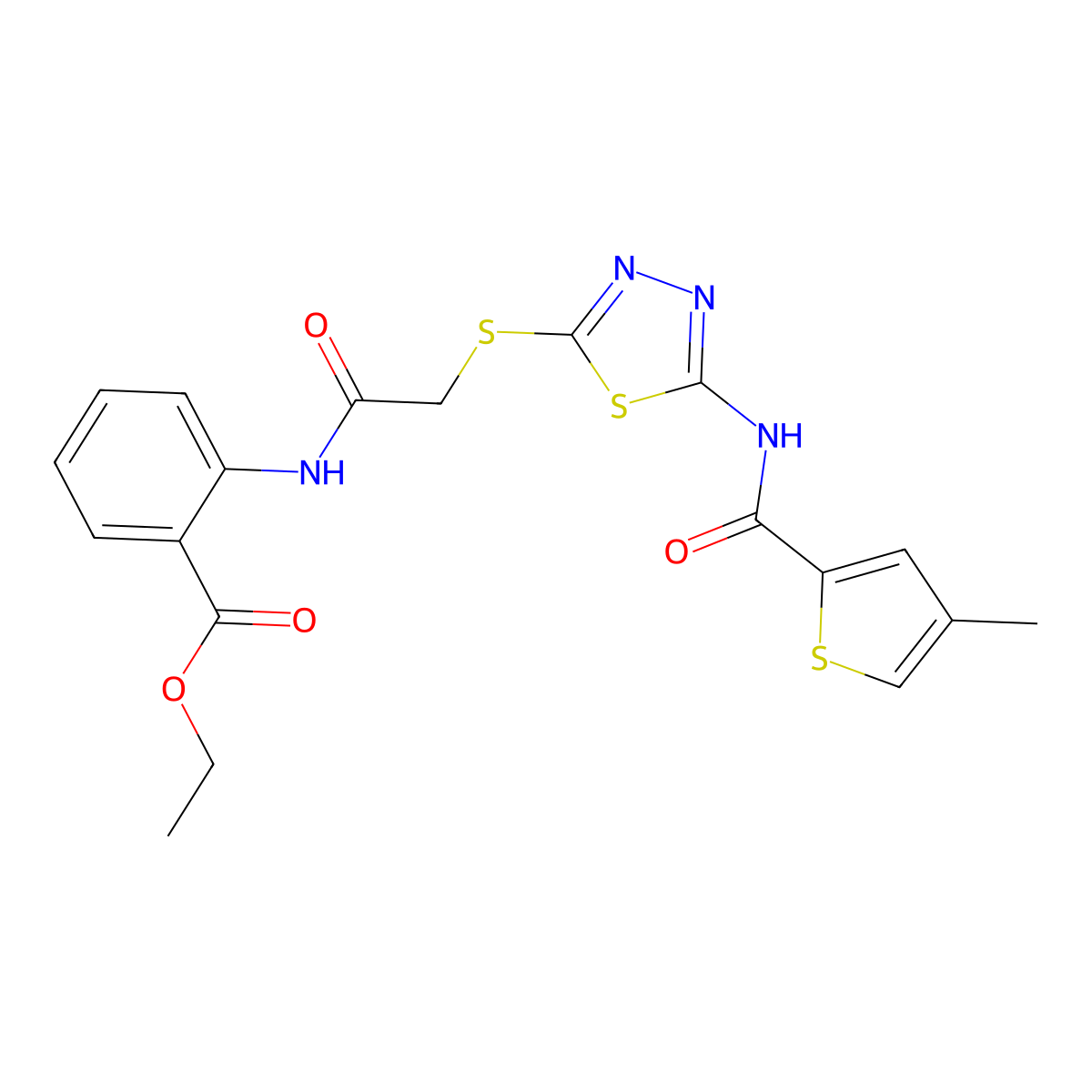 Ethyl 2-(2-((5-(4-methylthiophene-2-carboxamido)-1,3,4-thiadiazol-2-yl)thio)acetamido)benzoate molecular structure, CAS 1219906-39-4