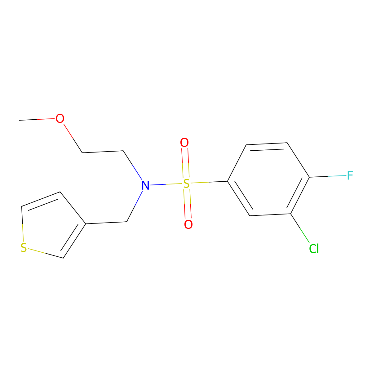 3-chloro-4-fluoro-N-(2-methoxyethyl)-N-(thiophen-3-ylmethyl)benzenesulfonamide molecular structure, CAS 1219906-52-1