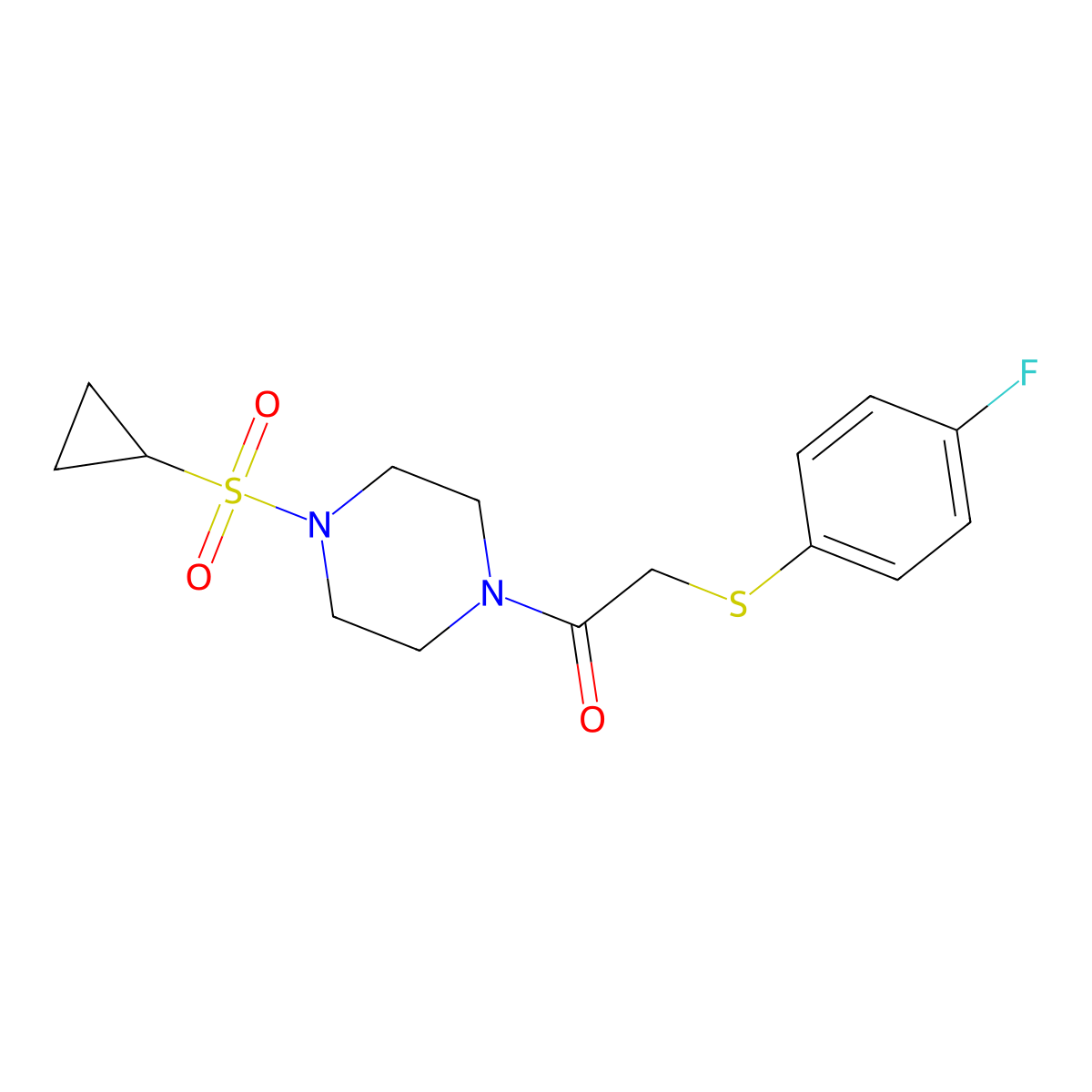 1-(4-(Cyclopropylsulfonyl)piperazin-1-yl)-2-((4-fluorophenyl)thio)ethanone molecular structure, CAS 1219906-63-4