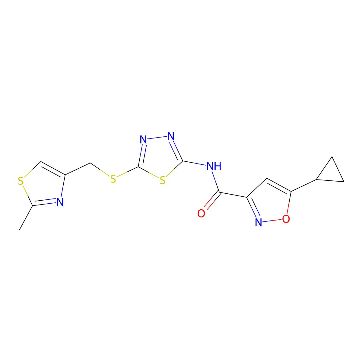 5-cyclopropyl-N-(5-(((2-methylthiazol-4-yl)methyl)thio)-1,3,4-thiadiazol-2-yl)isoxazole-3-carboxamide molecular structure, CAS 1219906-74-7