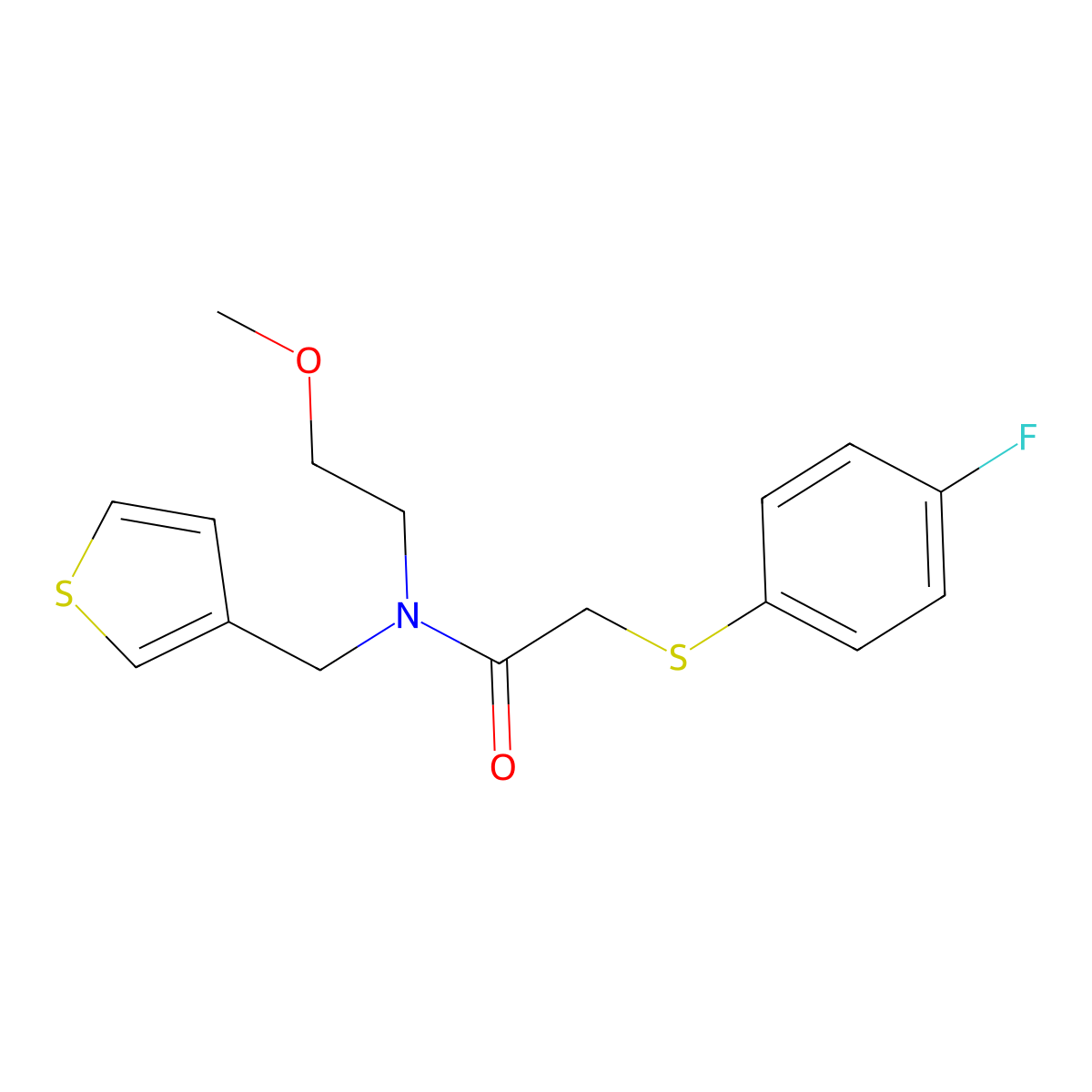 2-((4-fluorophenyl)thio)-N-(2-methoxyethyl)-N-(thiophen-3-ylmethyl)acetamide molecular structure, CAS 1219906-80-5