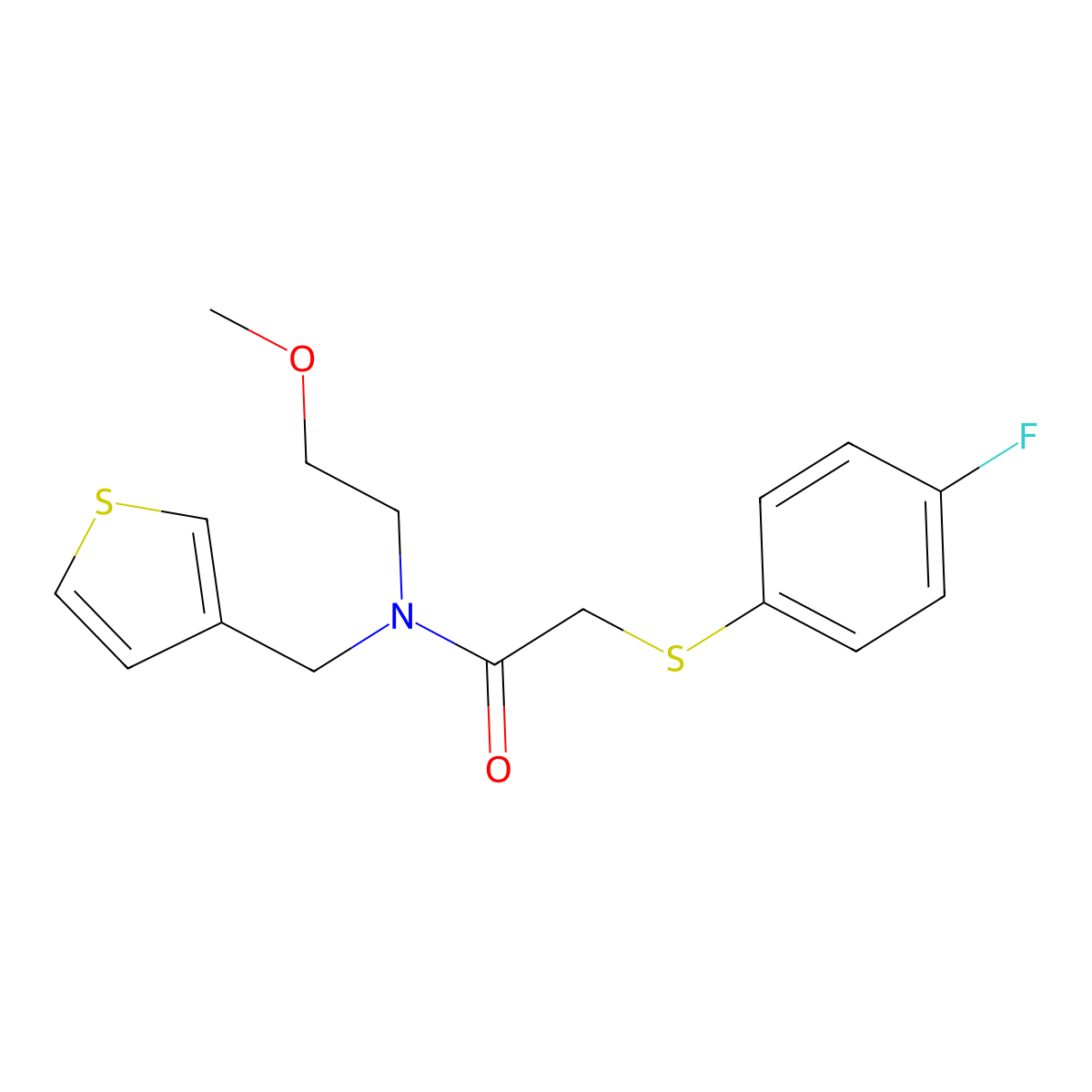 2-((4-fluorophenyl)thio)-N-(2-methoxyethyl)-N-(thiophen-3-ylmethyl)acetamide molecular structure, CAS 1219906-80-5