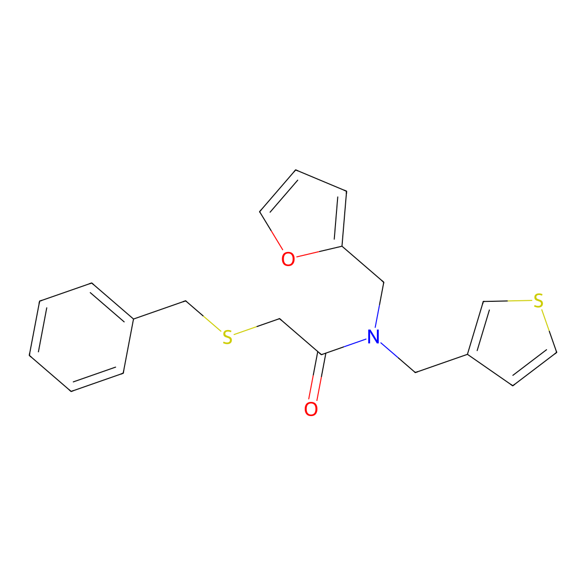 2-(benzylthio)-N-(furan-2-ylmethyl)-N-(thiophen-3-ylmethyl)acetamide molecular structure, CAS 1219906-89-4