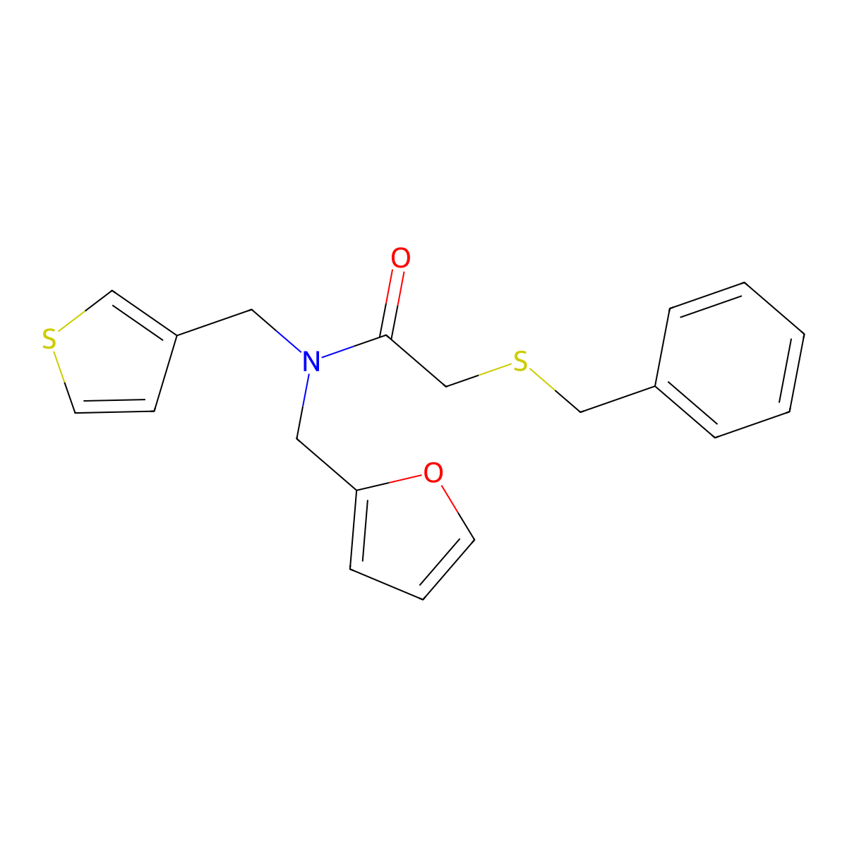 2-(benzylthio)-N-(furan-2-ylmethyl)-N-(thiophen-3-ylmethyl)acetamide molecular structure, CAS 1219906-89-4