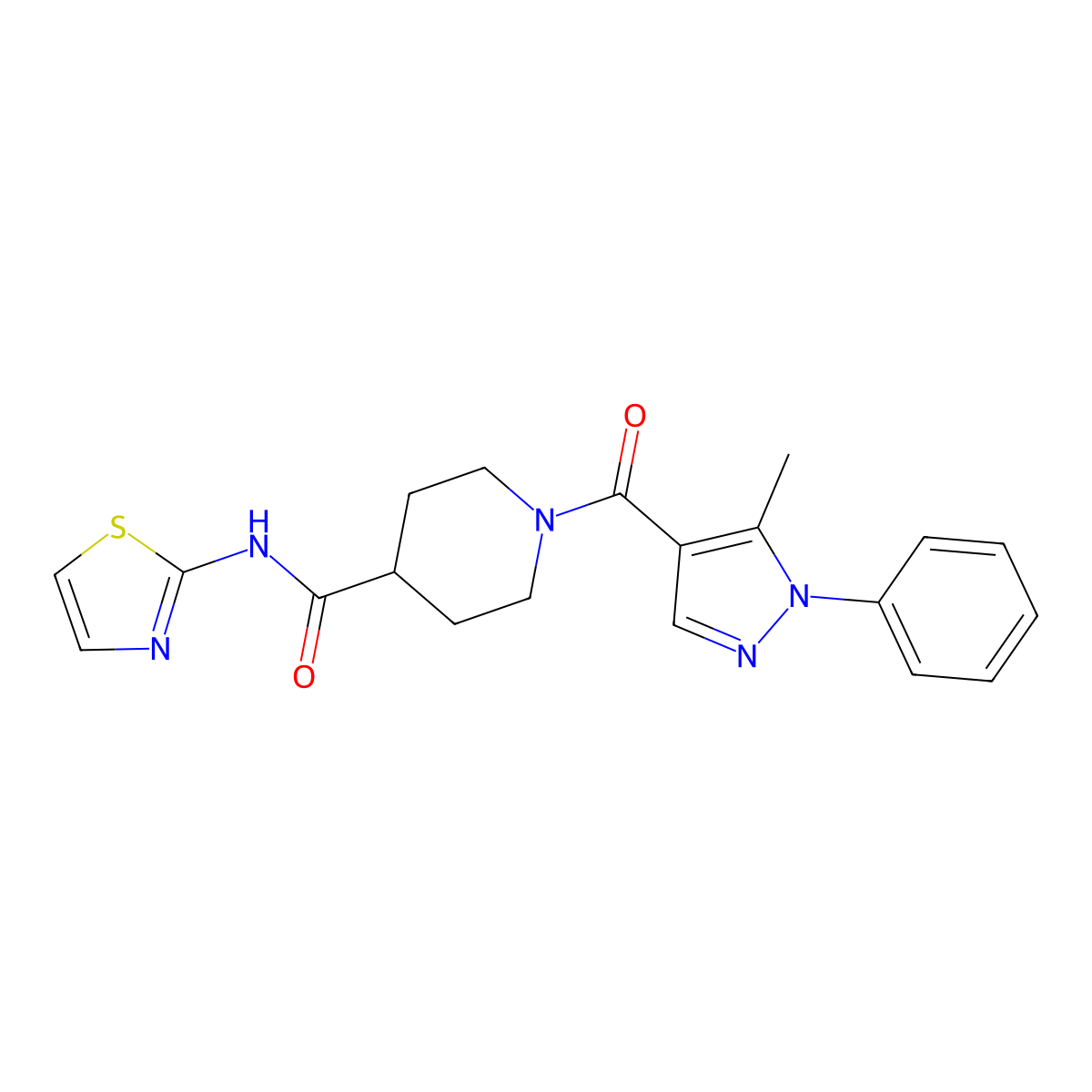 1-(5-methyl-1-phenyl-1H-pyrazole-4-carbonyl)-N-(thiazol-2-yl)piperidine-4-carboxamide molecular structure, CAS 1219906-99-6