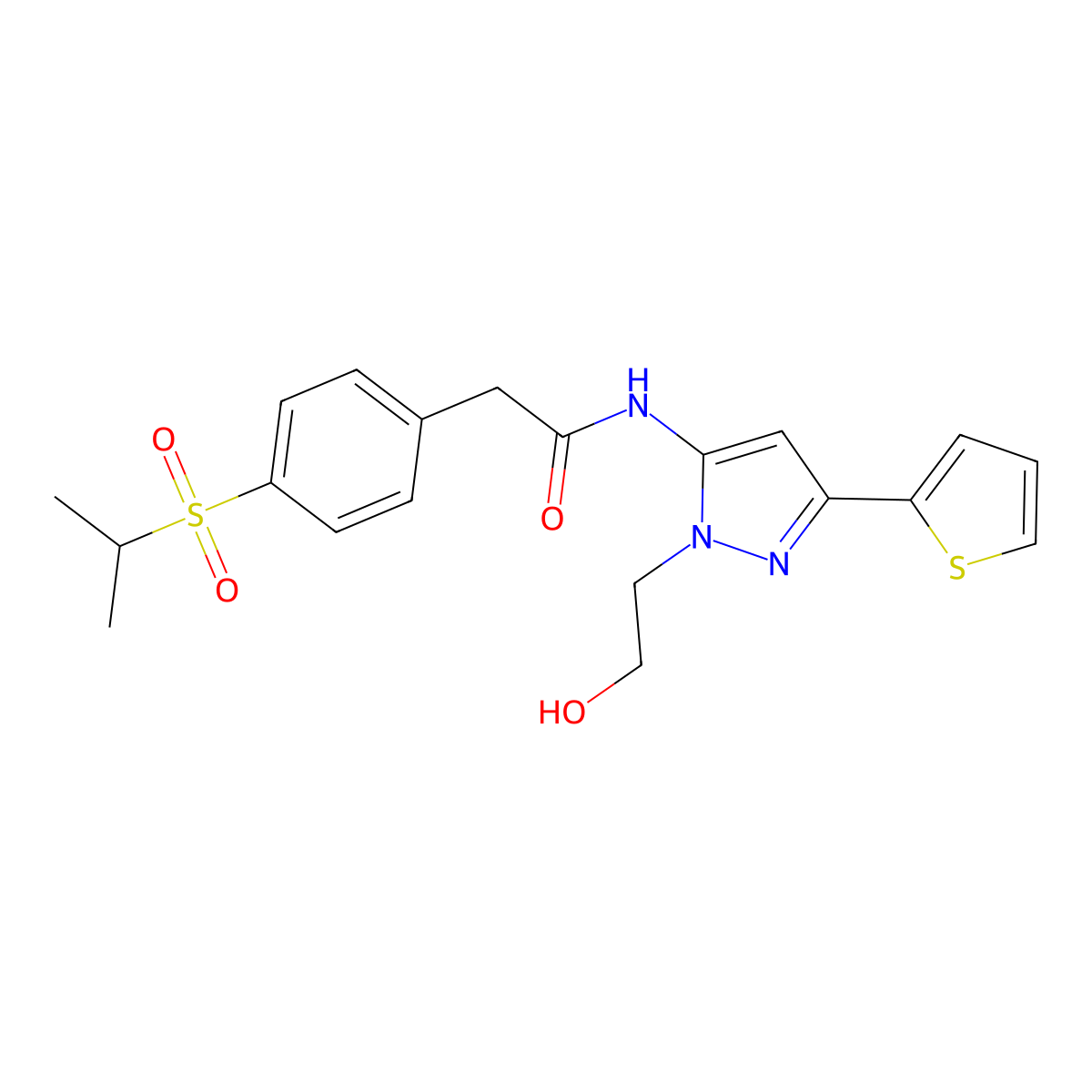 N-(1-(2-hydroxyethyl)-3-(thiophen-2-yl)-1H-pyrazol-5-yl)-2-(4-(isopropylsulfonyl)phenyl)acetamide molecular structure, CAS 1219907-09-1