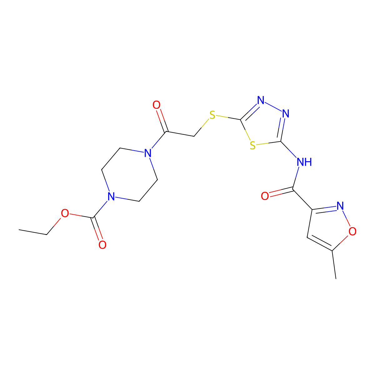 Ethyl 4-(2-((5-(5-methylisoxazole-3-carboxamido)-1,3,4-thiadiazol-2-yl)thio)acetyl)piperazine-1-carboxylate molecular structure, CAS 1219907-10-4
