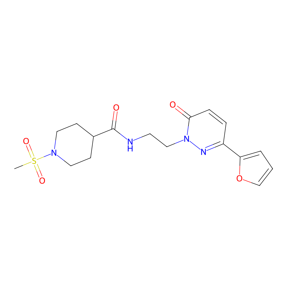 N-(2-(3-(furan-2-yl)-6-oxopyridazin-1(6H)-yl)ethyl)-1-(methylsulfonyl)piperidine-4-carboxamide molecular structure, CAS 1219907-18-2