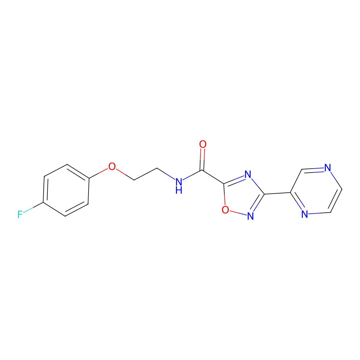 N-(2-(4-fluorophenoxy)ethyl)-3-(pyrazin-2-yl)-1,2,4-oxadiazole-5-carboxamide molecular structure, CAS 1219911-48-4