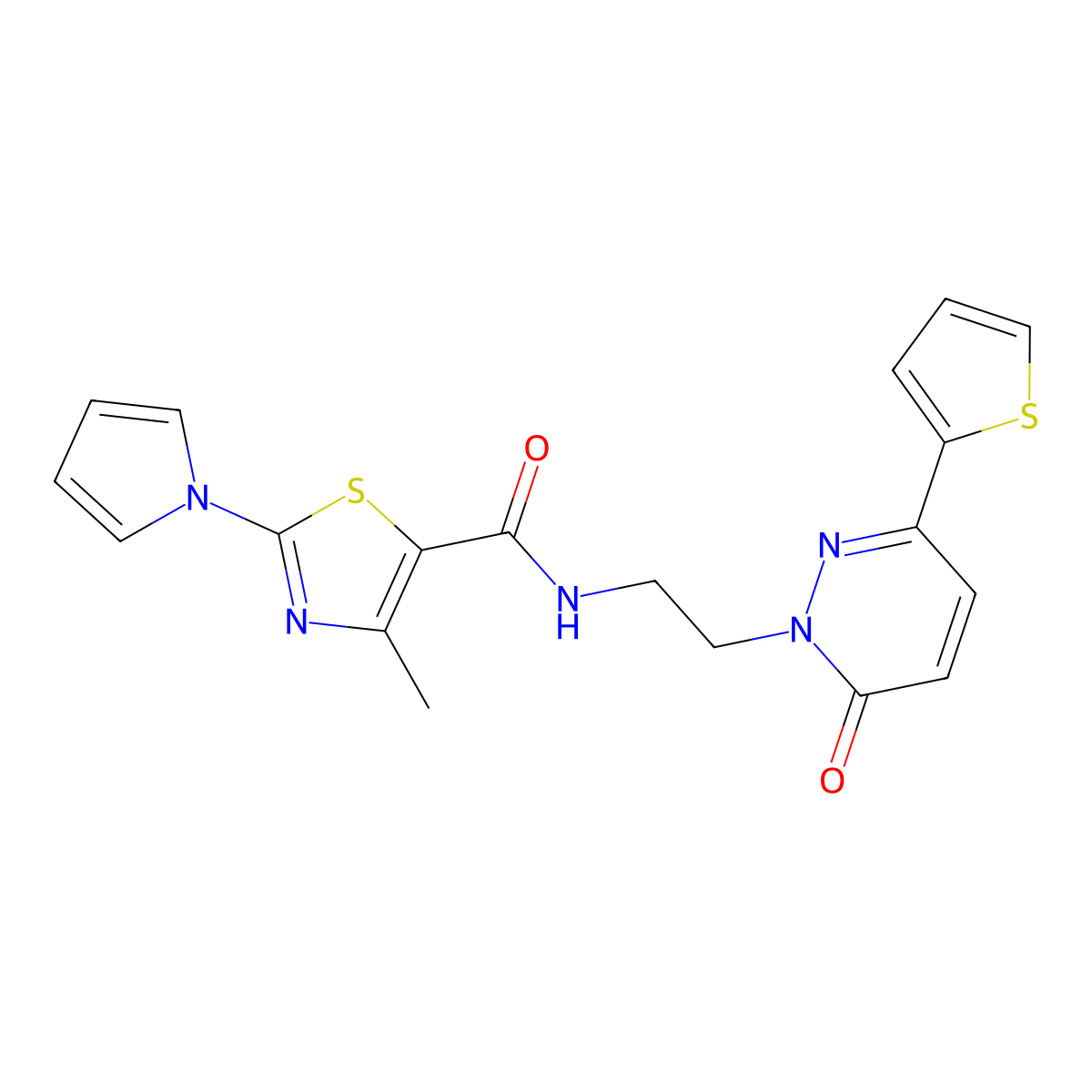 4-methyl-N-(2-(6-oxo-3-(thiophen-2-yl)pyridazin-1(6H)-yl)ethyl)-2-(1H-pyrrol-1-yl)thiazole-5-carboxamide molecular structure, CAS 1219911-56-4