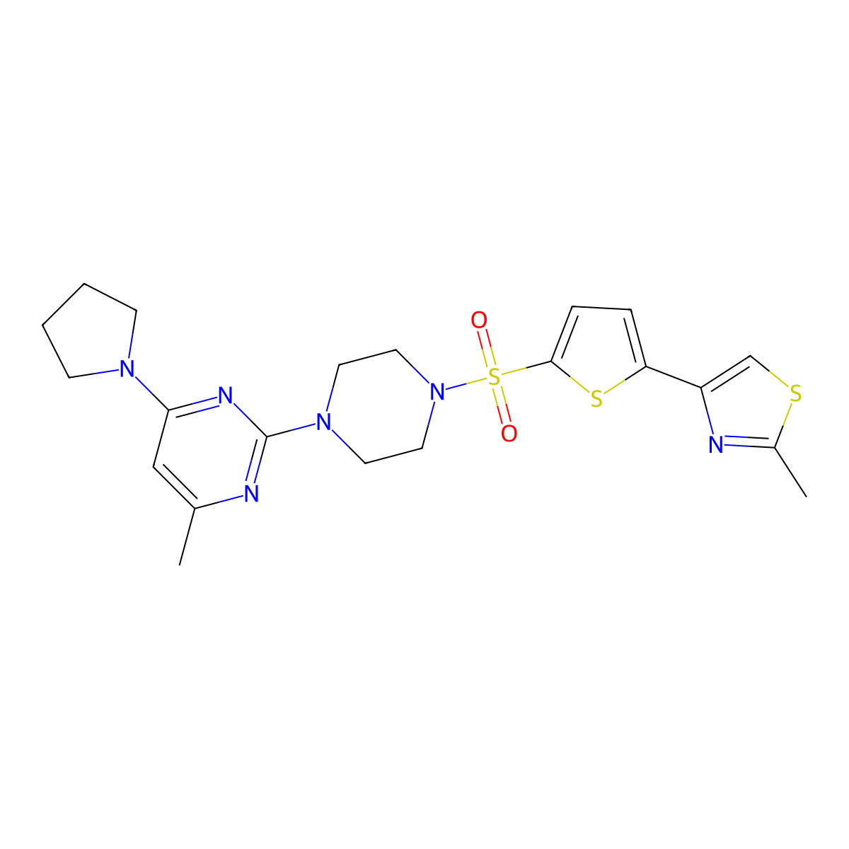 2-Methyl-4-(5-((4-(4-methyl-6-(pyrrolidin-1-yl)pyrimidin-2-yl)piperazin-1-yl)sulfonyl)thiophen-2-yl)thiazole molecular structure, CAS 1219911-73-5