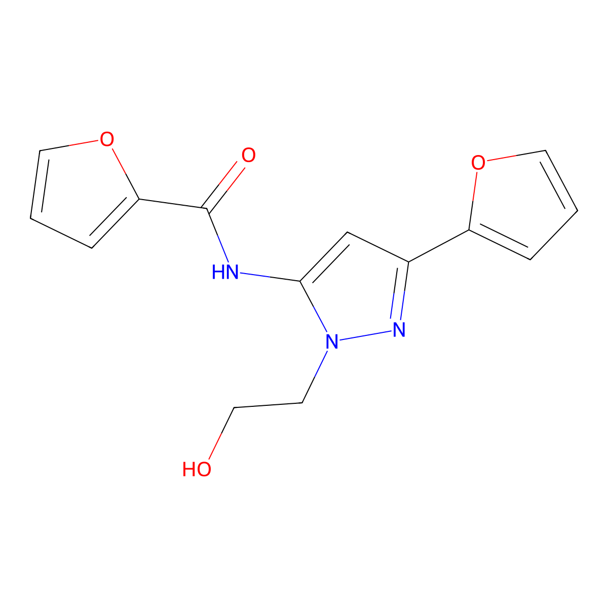 N-(3-(furan-2-yl)-1-(2-hydroxyethyl)-1H-pyrazol-5-yl)furan-2-carboxamide molecular structure, CAS 1219911-99-5