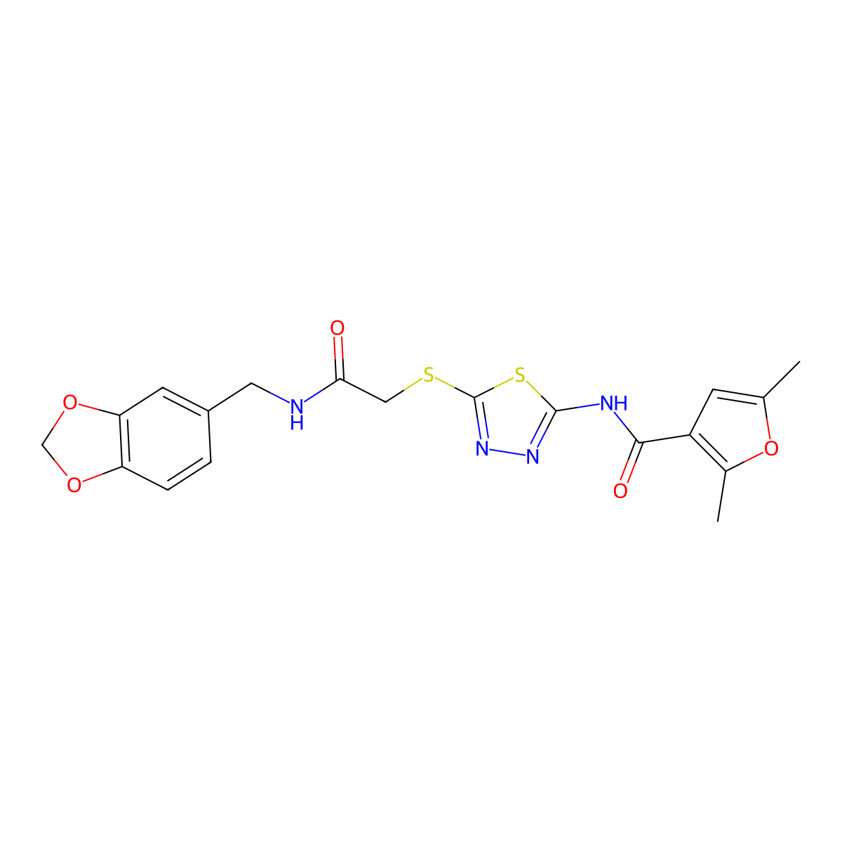 N-(5-((2-((benzo[d][1,3]dioxol-5-ylmethyl)amino)-2-oxoethyl)thio)-1,3,4-thiadiazol-2-yl)-2,5-dimethylfuran-3-carboxamide molecular structure, CAS 1219912-08-9