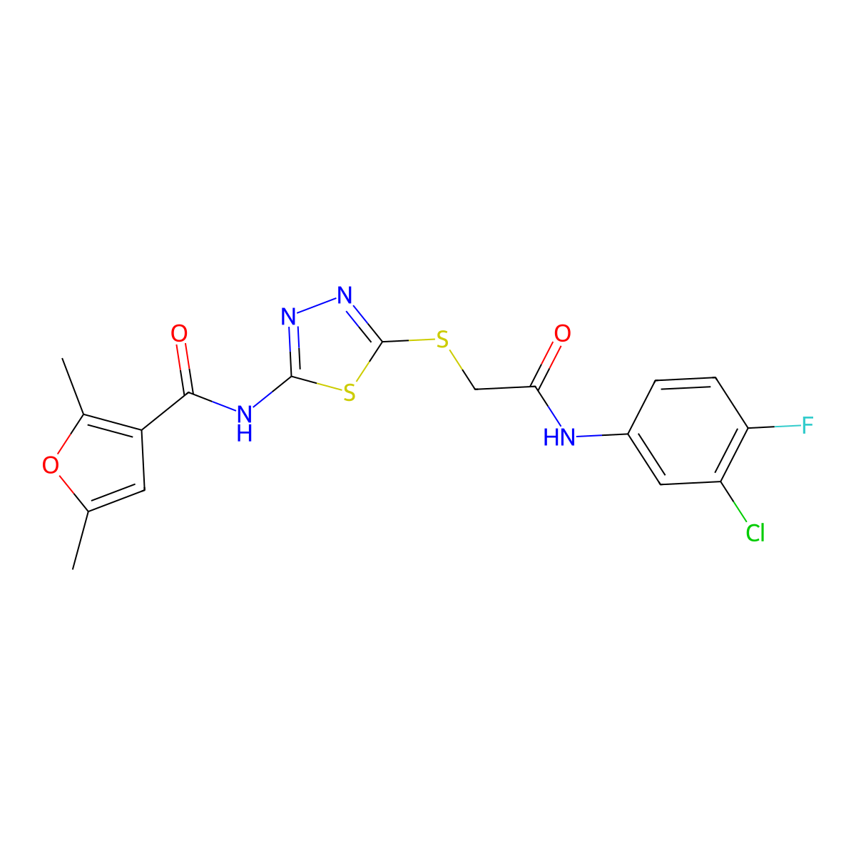 N-(5-((2-((3-chloro-4-fluorophenyl)amino)-2-oxoethyl)thio)-1,3,4-thiadiazol-2-yl)-2,5-dimethylfuran-3-carboxamide molecular structure, CAS 1219912-19-2