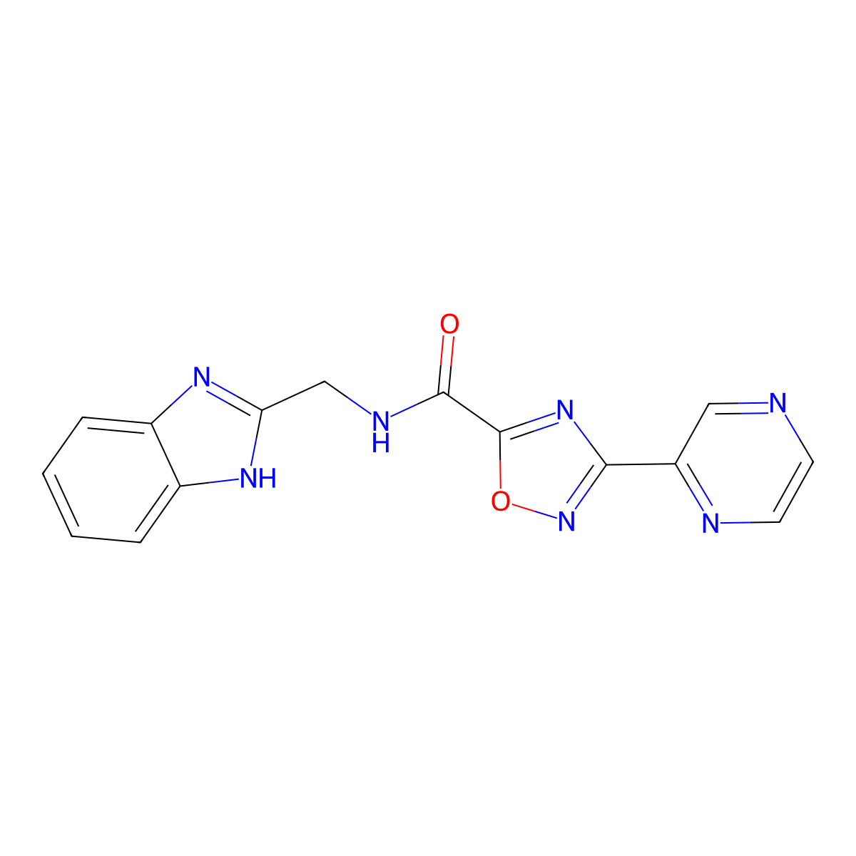 N-((1H-benzo[d]imidazol-2-yl)methyl)-3-(pyrazin-2-yl)-1,2,4-oxadiazole-5-carboxamide molecular structure, CAS 1219912-20-5