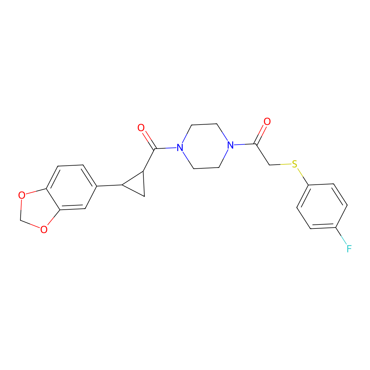 1-(4-(2-(Benzo[d][1,3]dioxol-5-yl)cyclopropanecarbonyl)piperazin-1-yl)-2-((4-fluorophenyl)thio)ethanone molecular structure, CAS 1219912-22-7