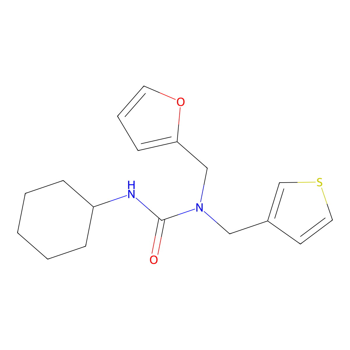3-Cyclohexyl-1-(furan-2-ylmethyl)-1-(thiophen-3-ylmethyl)urea molecular structure, CAS 1219912-23-8