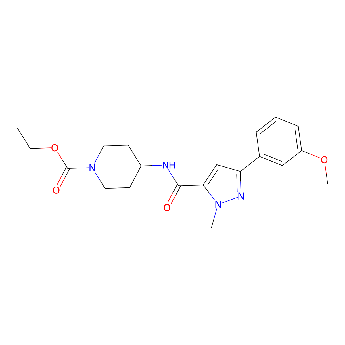 ethyl 4-(3-(3-methoxyphenyl)-1-methyl-1H-pyrazole-5-carboxamido)piperidine-1-carboxylate molecular structure, CAS 1219912-27-2