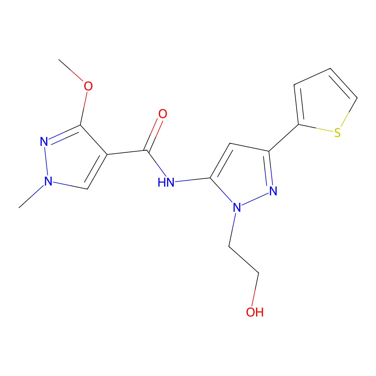 N-[1-(2-hydroxyethyl)-3-(thiophen-2-yl)-1H-pyrazol-5-yl]-3-methoxy-1-methyl-1H-pyrazole-4-carboxamide molecular structure, CAS 1219912-33-0
