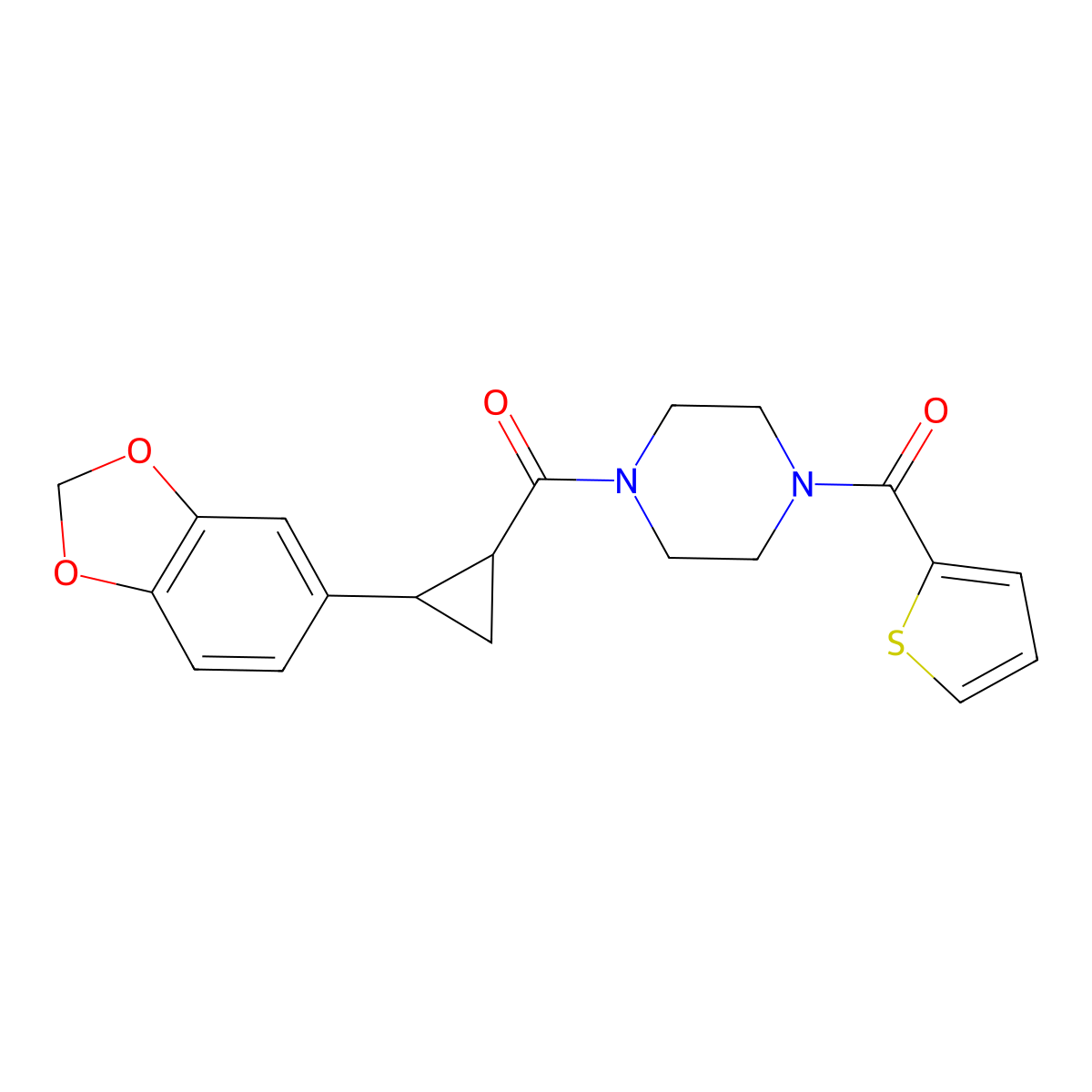 (4-(2-(Benzo[d][1,3]dioxol-5-yl)cyclopropanecarbonyl)piperazin-1-yl)(thiophen-2-yl)methanone molecular structure, CAS 1219912-39-6