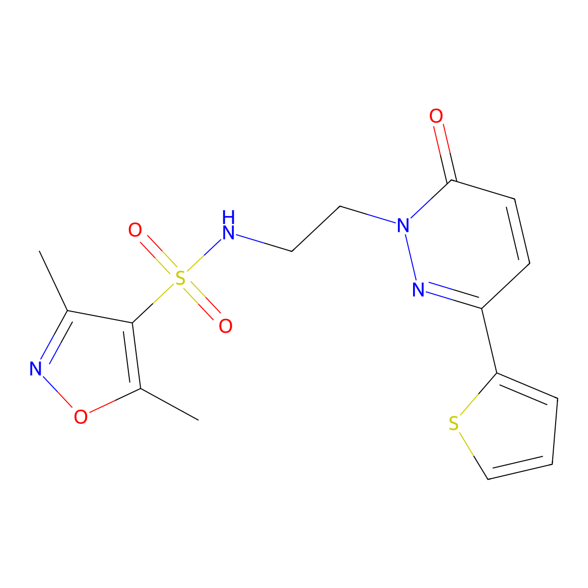 3,5-dimethyl-N-(2-(6-oxo-3-(thiophen-2-yl)pyridazin-1(6H)-yl)ethyl)isoxazole-4-sulfonamide molecular structure, CAS 1219912-40-9