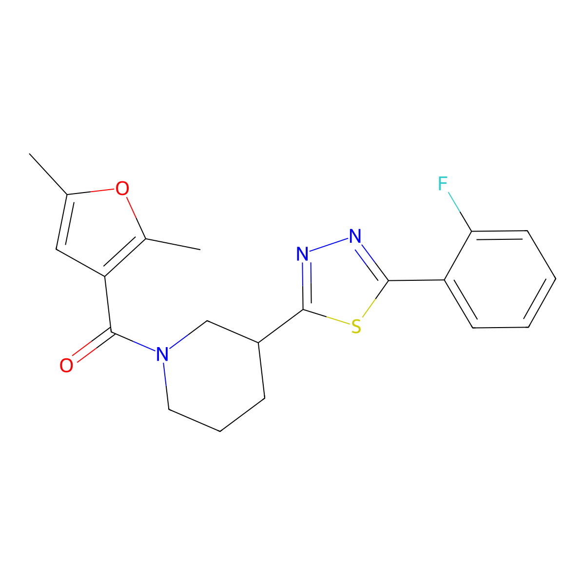 1-(2,5-Dimethylfuran-3-carbonyl)-3-[5-(2-fluorophenyl)-1,3,4-thiadiazol-2-yl]piperidine molecular structure, CAS 1219912-46-5
