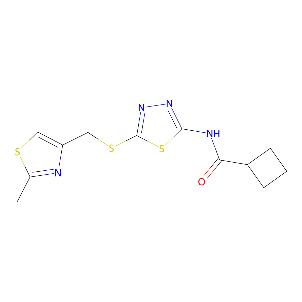 N-(5-(((2-methylthiazol-4-yl)methyl)thio)-1,3,4-thiadiazol-2-yl)cyclobutanecarboxamide molecular structure, CAS 1219912-49-8