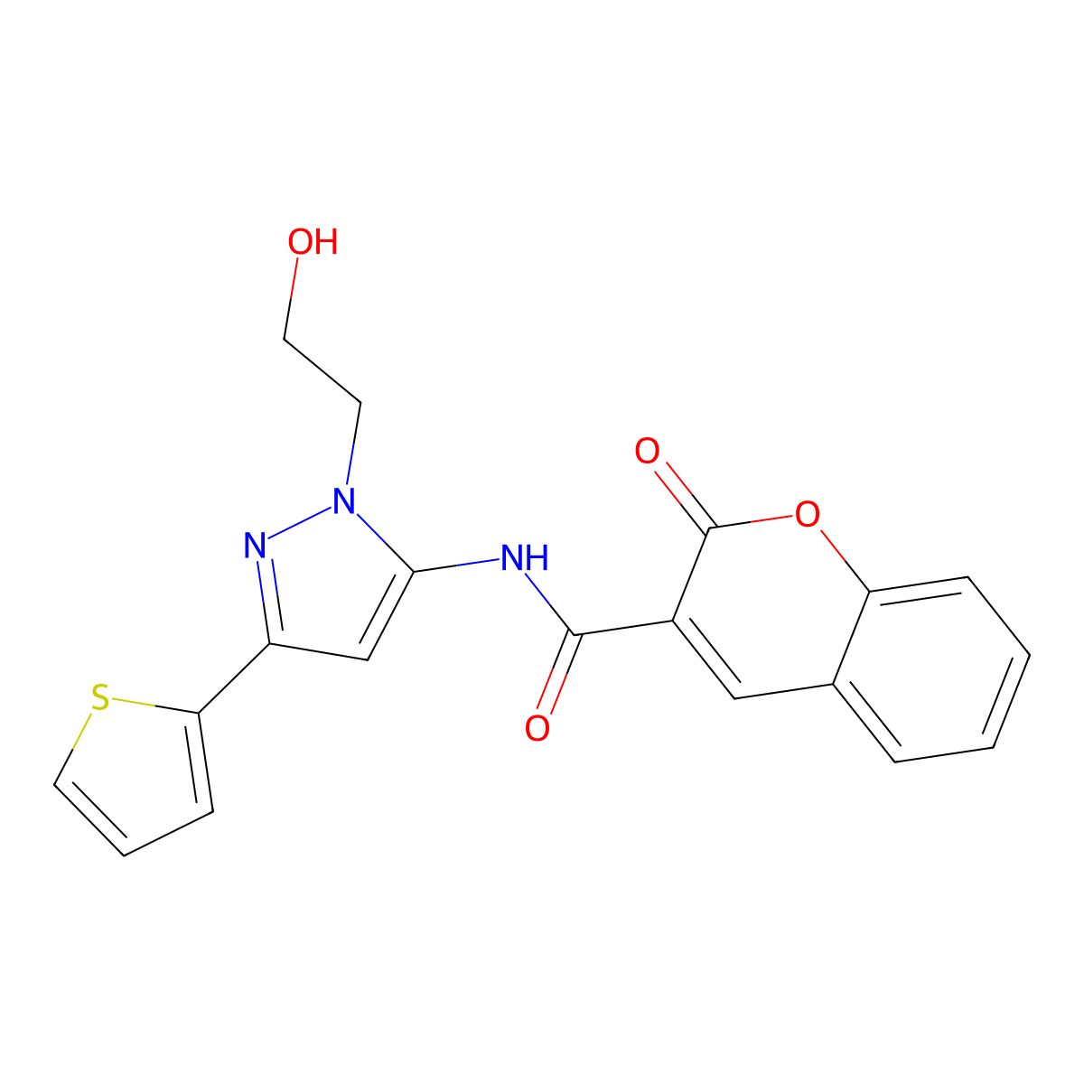 N-[1-(2-hydroxyethyl)-3-(thiophen-2-yl)-1H-pyrazol-5-yl]-2-oxo-2H-chromene-3-carboxamide molecular structure, CAS 1219912-55-6