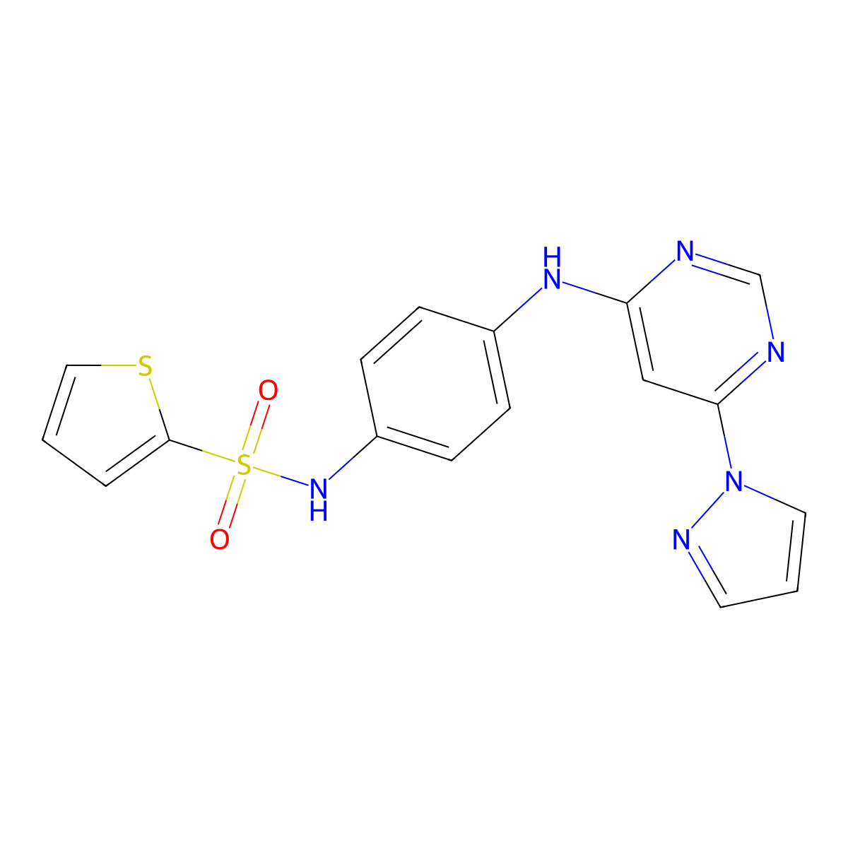 N-(4-((6-(1H-pyrazol-1-yl)pyrimidin-4-yl)amino)phenyl)thiophene-2-sulfonamide molecular structure, CAS 1219912-56-7