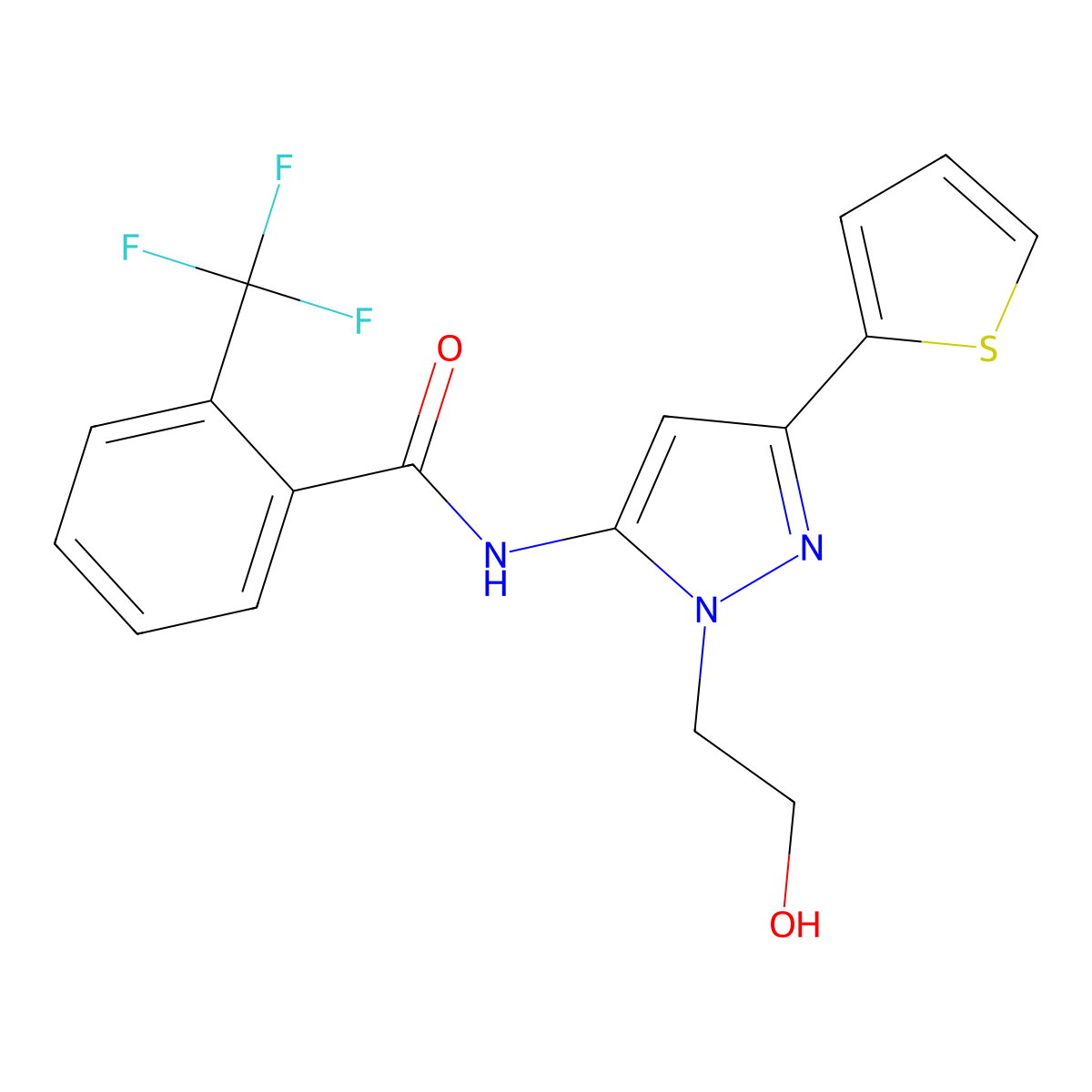N-(1-(2-hydroxyethyl)-3-(thiophen-2-yl)-1H-pyrazol-5-yl)-2-(trifluoromethyl)benzamide molecular structure, CAS 1219912-68-1