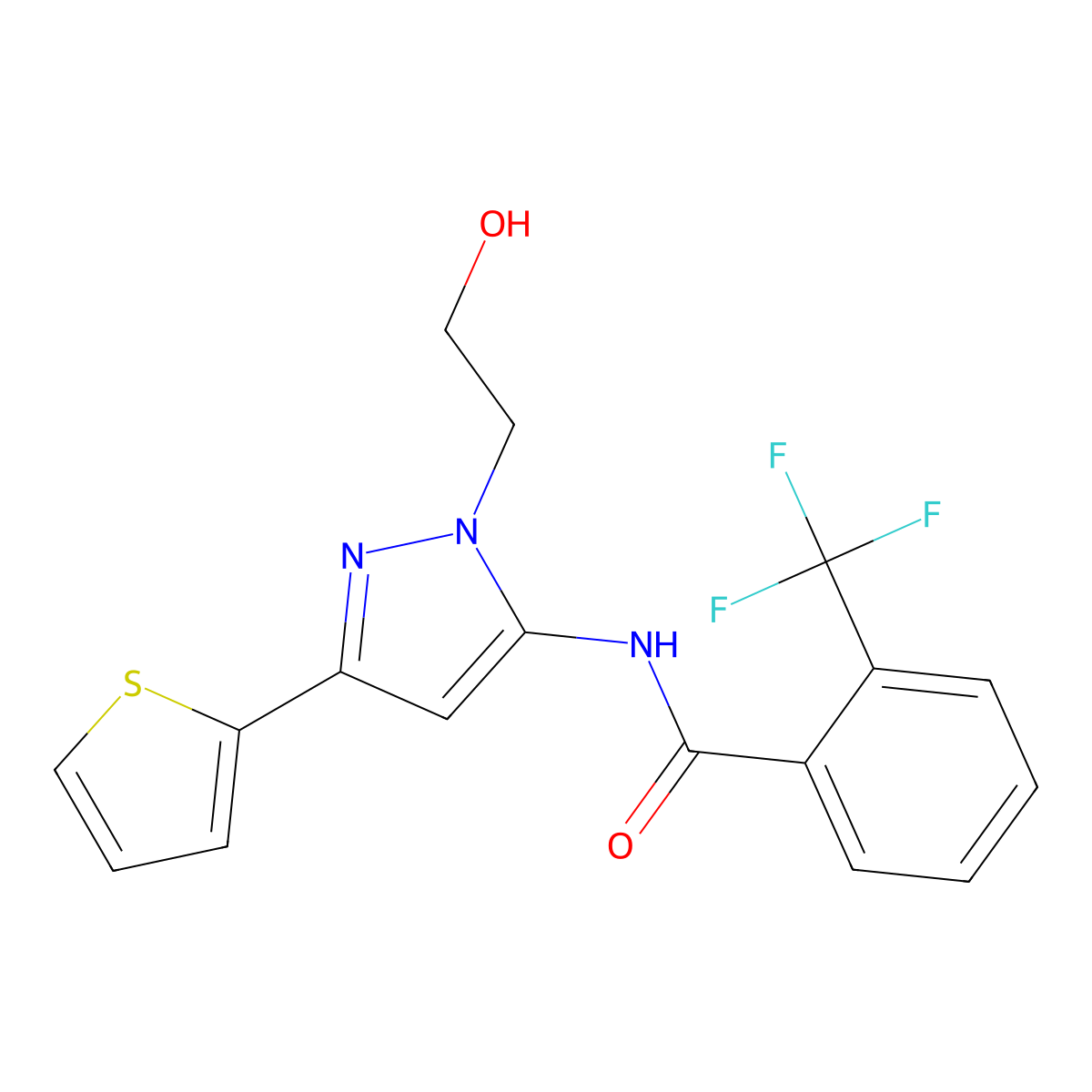 N-(1-(2-hydroxyethyl)-3-(thiophen-2-yl)-1H-pyrazol-5-yl)-2-(trifluoromethyl)benzamide molecular structure, CAS 1219912-68-1