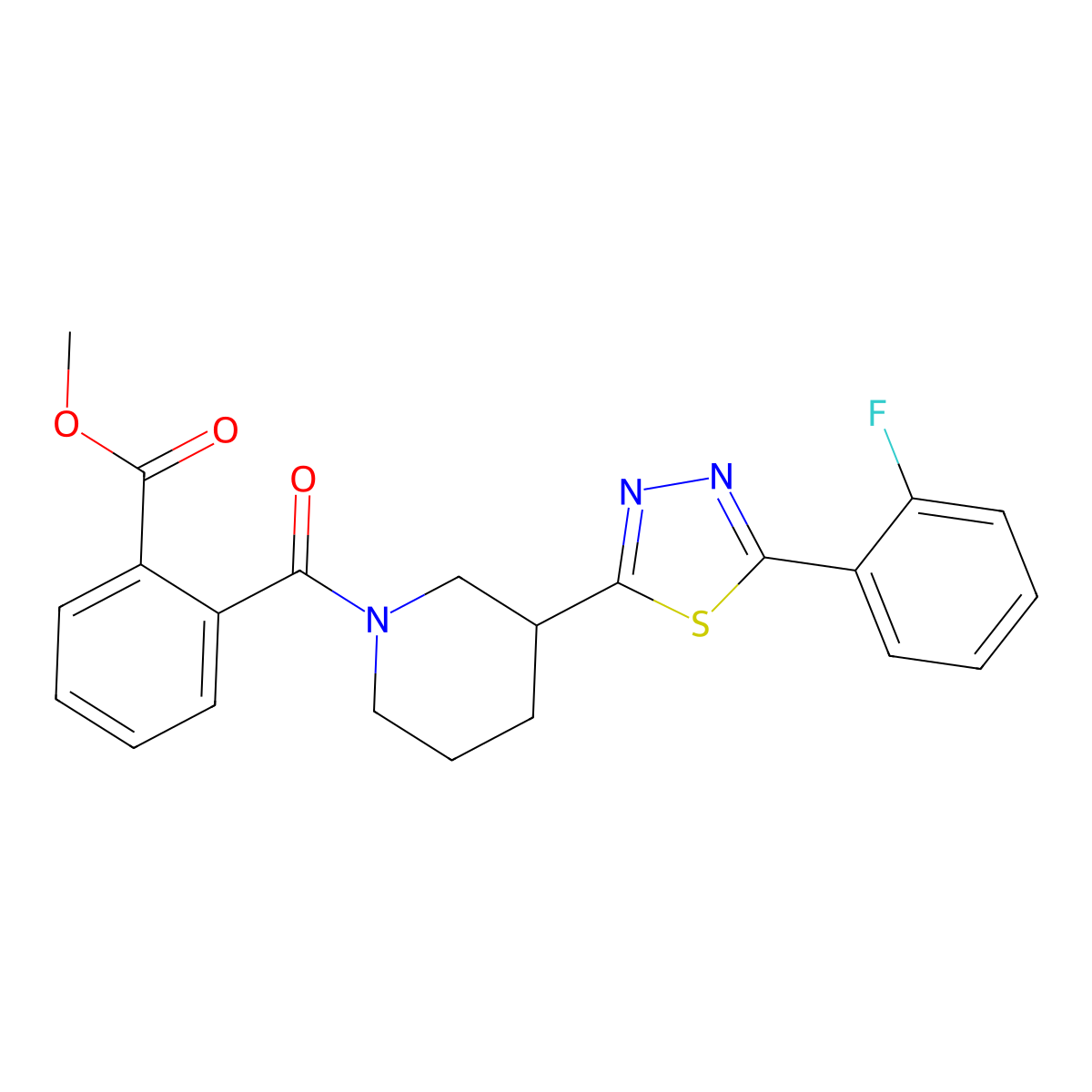 Methyl 2-(3-(5-(2-fluorophenyl)-1,3,4-thiadiazol-2-yl)piperidine-1-carbonyl)benzoate molecular structure, CAS 1219912-75-0
