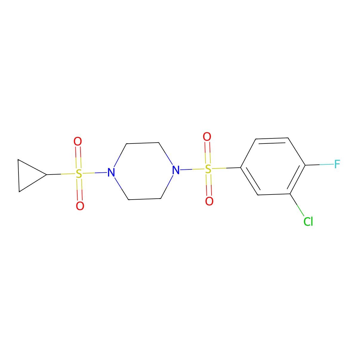 1-((3-Chloro-4-fluorophenyl)sulfonyl)-4-(cyclopropylsulfonyl)piperazine molecular structure, CAS 1219912-86-3