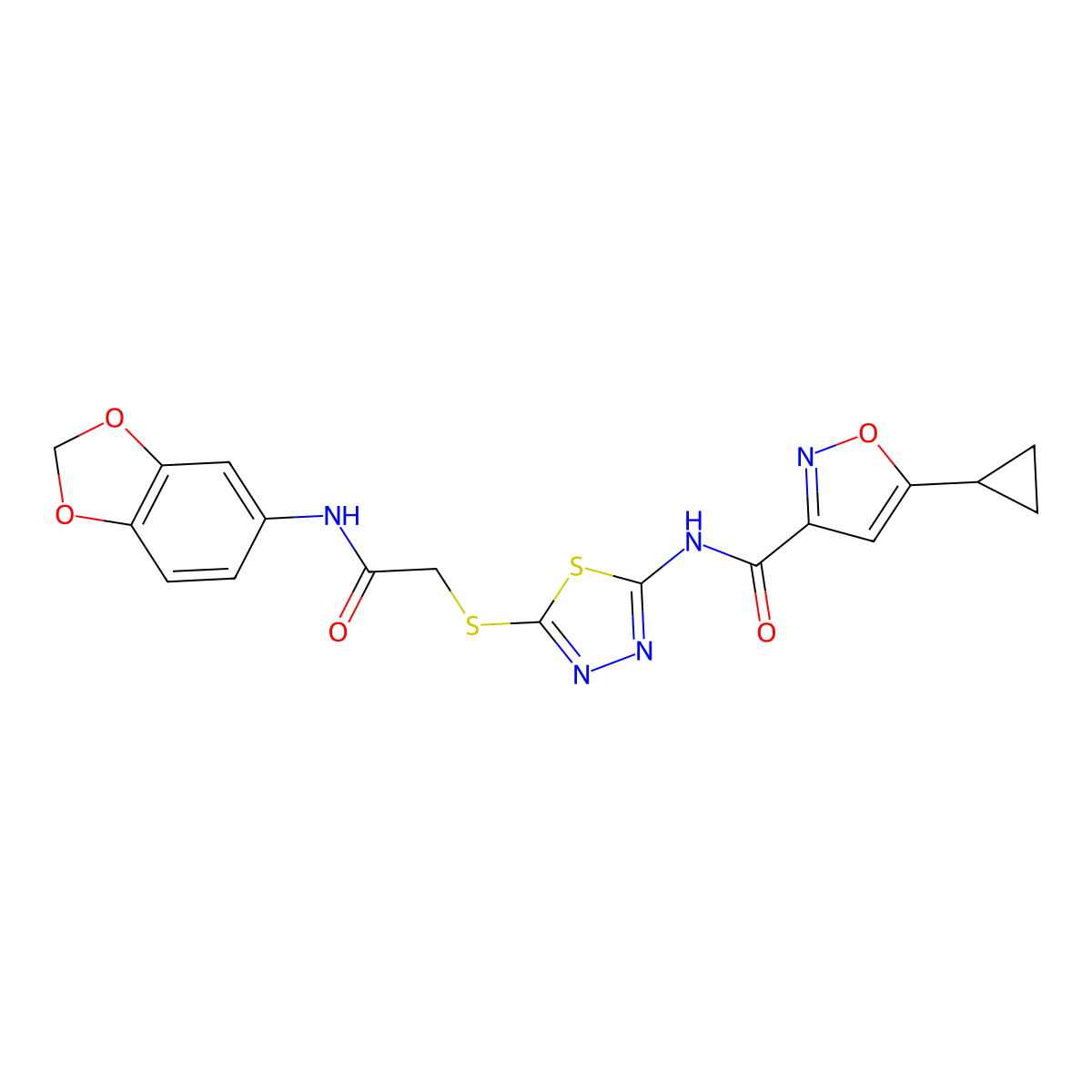 N-(5-((2-(benzo[d][1,3]dioxol-5-ylamino)-2-oxoethyl)thio)-1,3,4-thiadiazol-2-yl)-5-cyclopropylisoxazole-3-carboxamide molecular structure, CAS 1219912-89-6