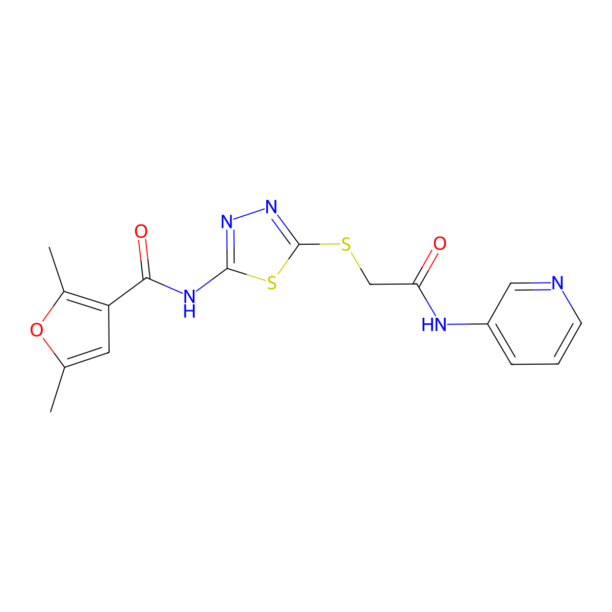 2,5-dimethyl-N-(5-((2-oxo-2-(pyridin-3-ylamino)ethyl)thio)-1,3,4-thiadiazol-2-yl)furan-3-carboxamide molecular structure, CAS 1219912-93-2