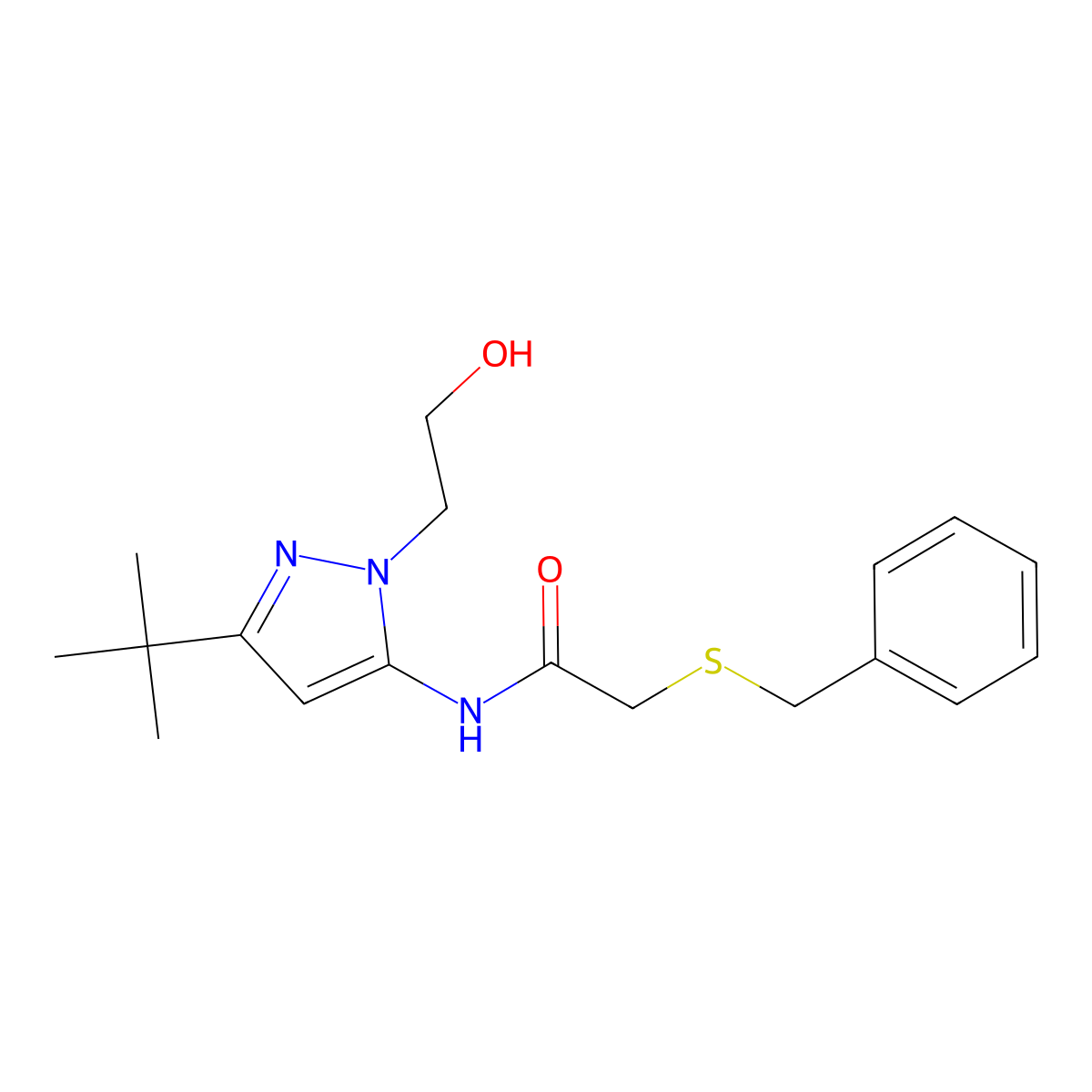 2-(benzylthio)-N-(3-(tert-butyl)-1-(2-hydroxyethyl)-1H-pyrazol-5-yl)acetamide molecular structure, CAS 1219912-94-3