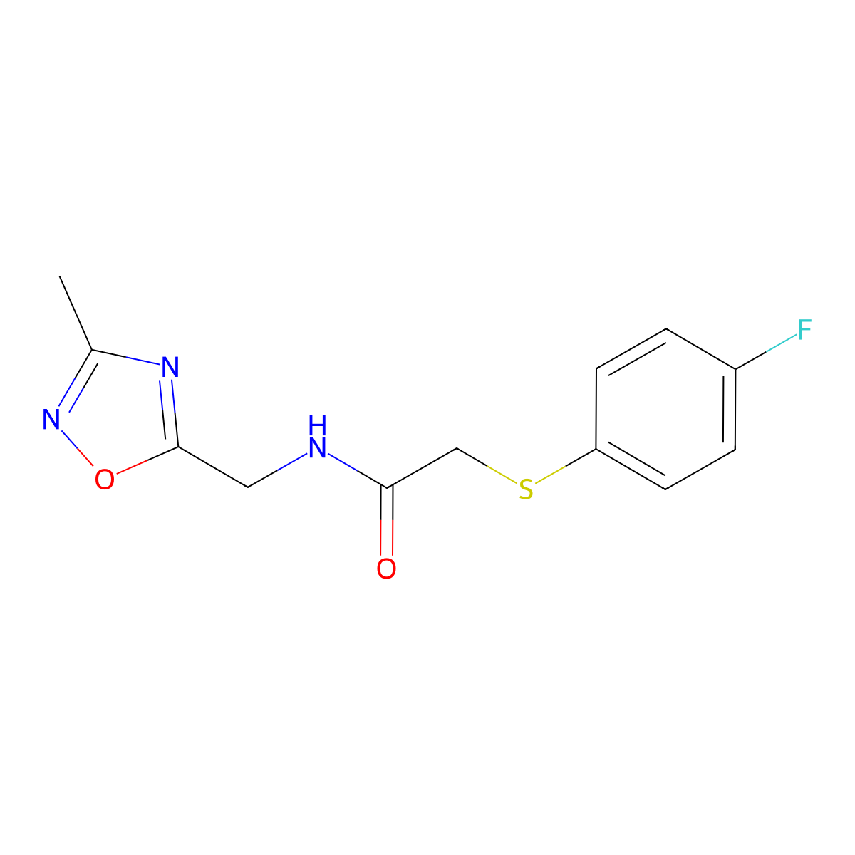 2-((4-fluorophenyl)thio)-N-((3-methyl-1,2,4-oxadiazol-5-yl)methyl)acetamide molecular structure, CAS 1219913-02-6