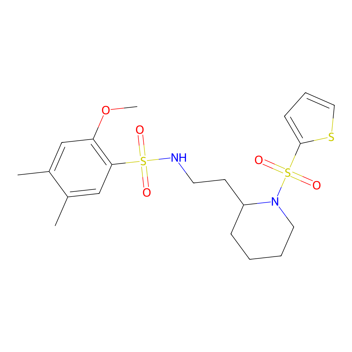 2-methoxy-4,5-dimethyl-N-(2-(1-(thiophen-2-ylsulfonyl)piperidin-2-yl)ethyl)benzenesulfonamide molecular structure, CAS 1219913-09-3
