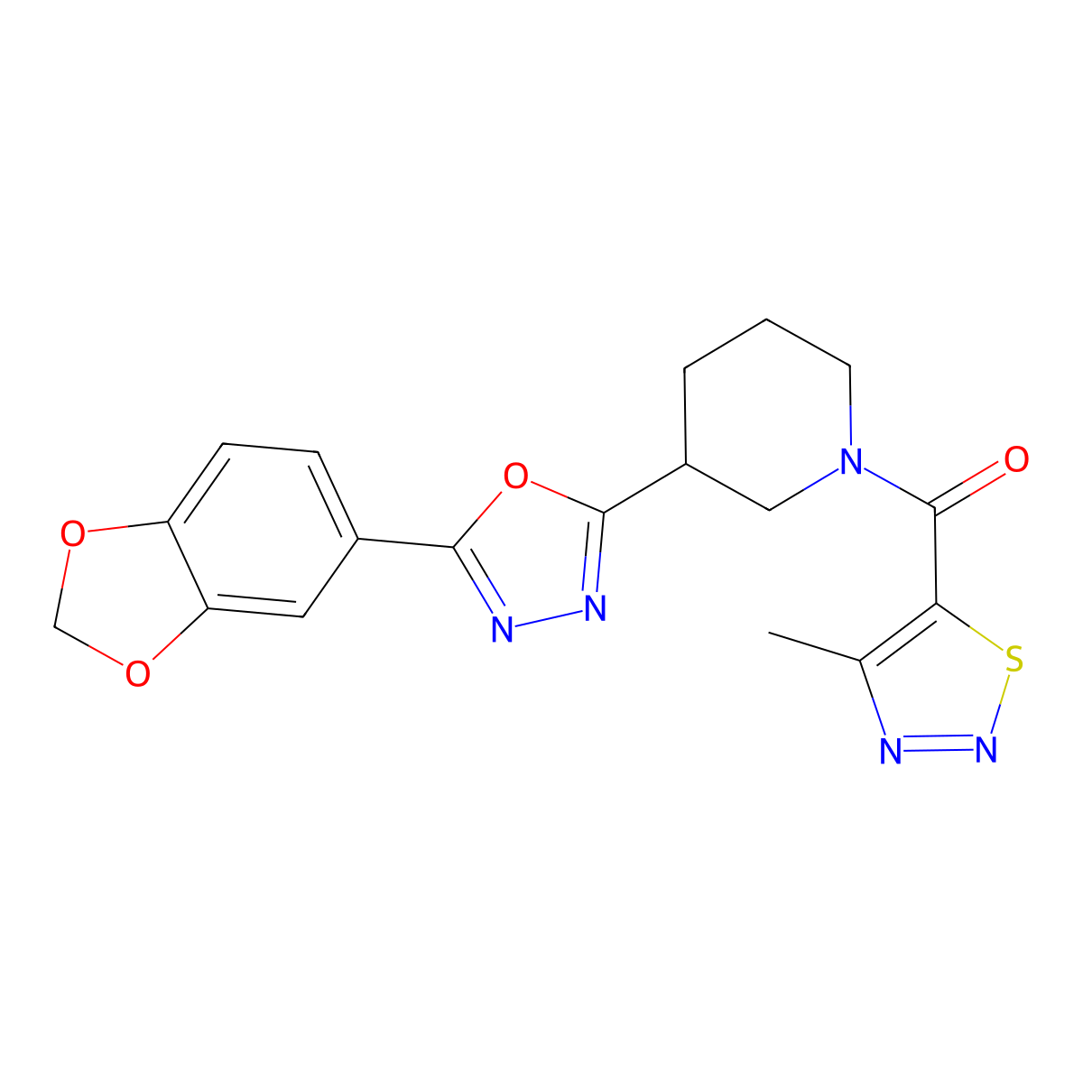 (3-(5-(Benzo[d][1,3]dioxol-5-yl)-1,3,4-oxadiazol-2-yl)piperidin-1-yl)(4-methyl-1,2,3-thiadiazol-5-yl)methanone molecular structure, CAS 1219913-10-6
