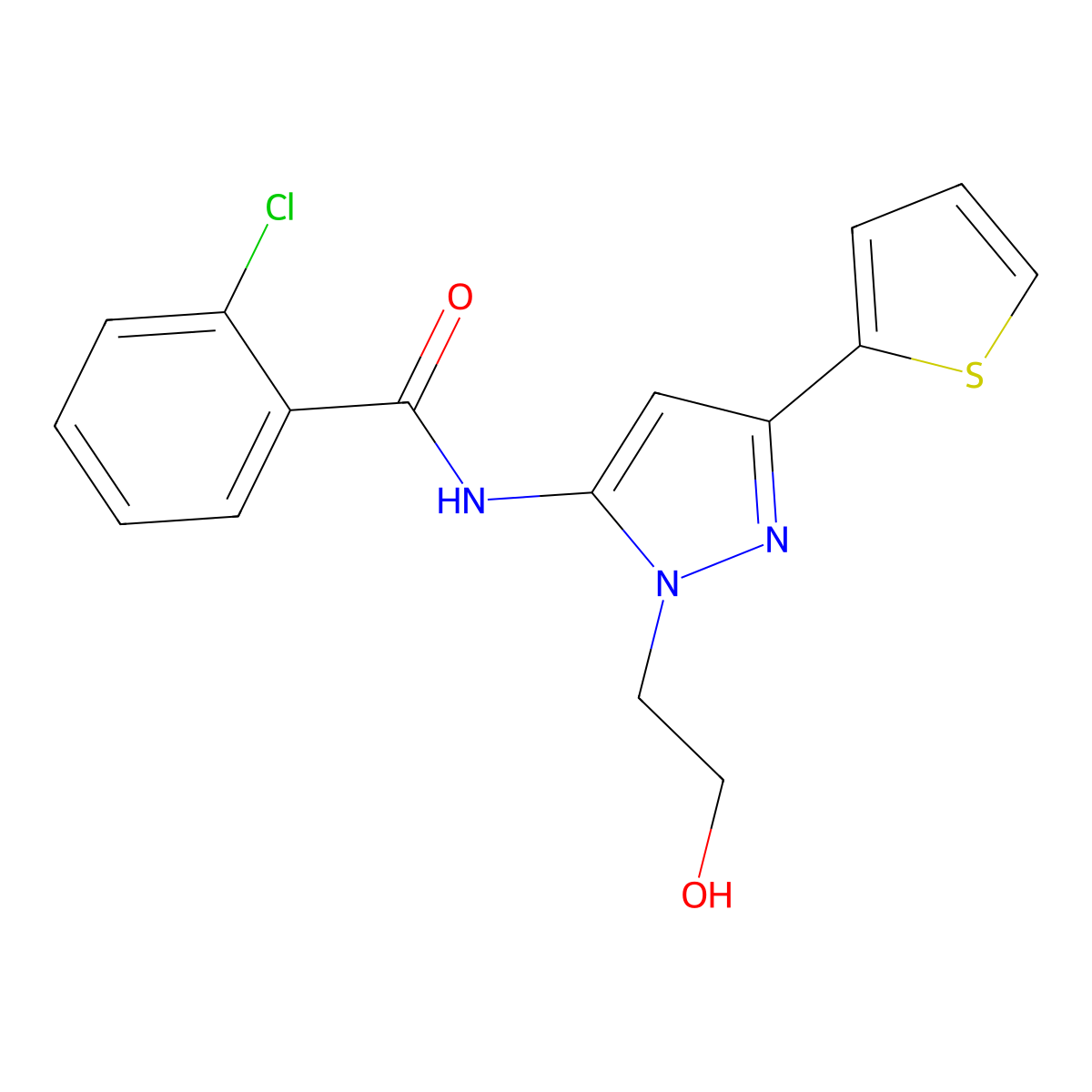 2-chloro-N-(1-(2-hydroxyethyl)-3-(thiophen-2-yl)-1H-pyrazol-5-yl)benzamide molecular structure, CAS 1219913-14-0