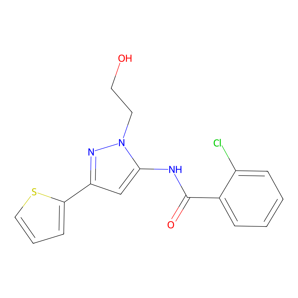 2-chloro-N-(1-(2-hydroxyethyl)-3-(thiophen-2-yl)-1H-pyrazol-5-yl)benzamide molecular structure, CAS 1219913-14-0