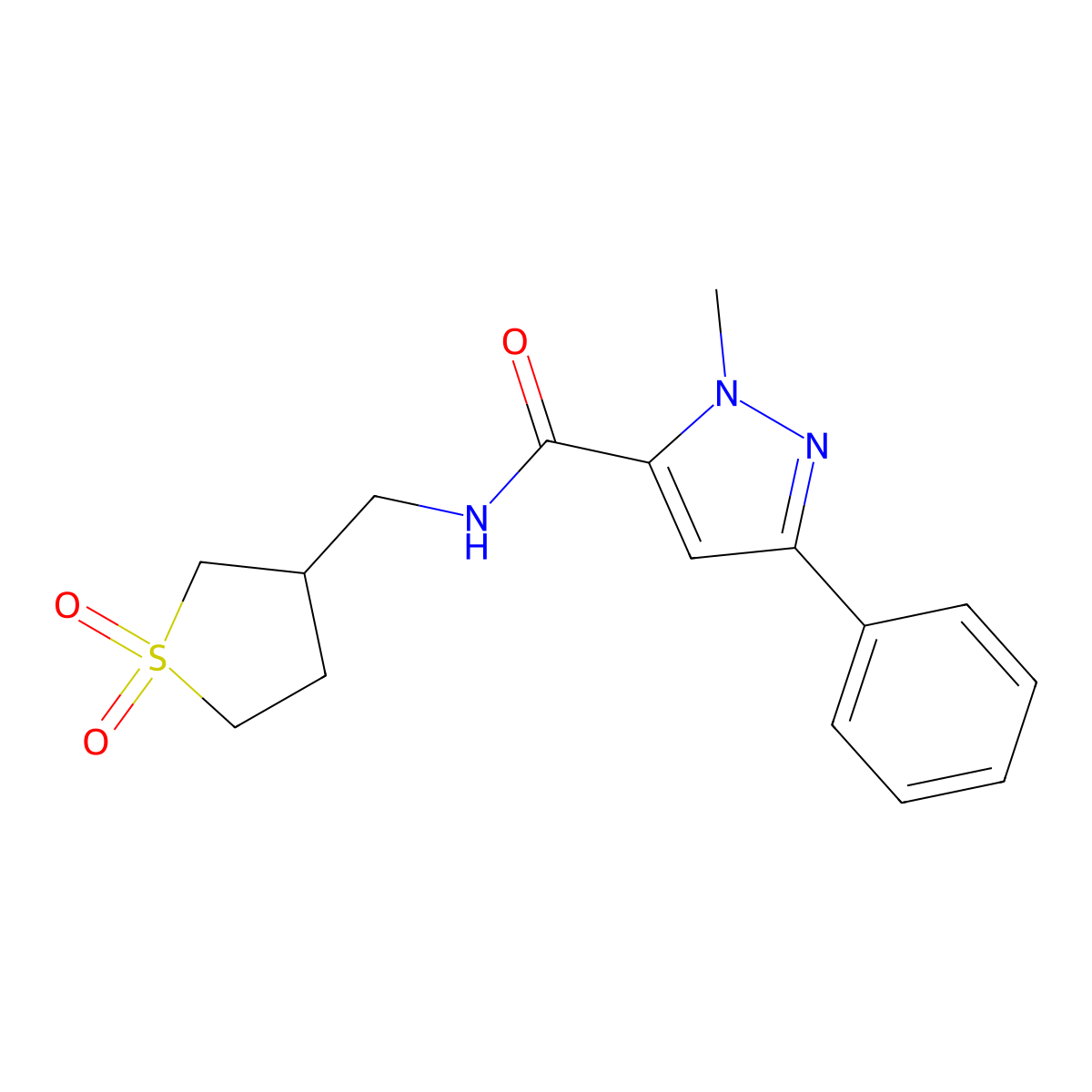 N-((1,1-dioxidotetrahydrothiophen-3-yl)methyl)-1-methyl-3-phenyl-1H-pyrazole-5-carboxamide molecular structure, CAS 1219913-23-1