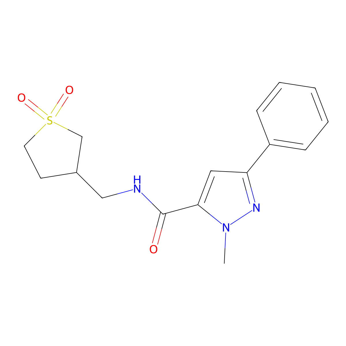 N-((1,1-dioxidotetrahydrothiophen-3-yl)methyl)-1-methyl-3-phenyl-1H-pyrazole-5-carboxamide molecular structure, CAS 1219913-23-1